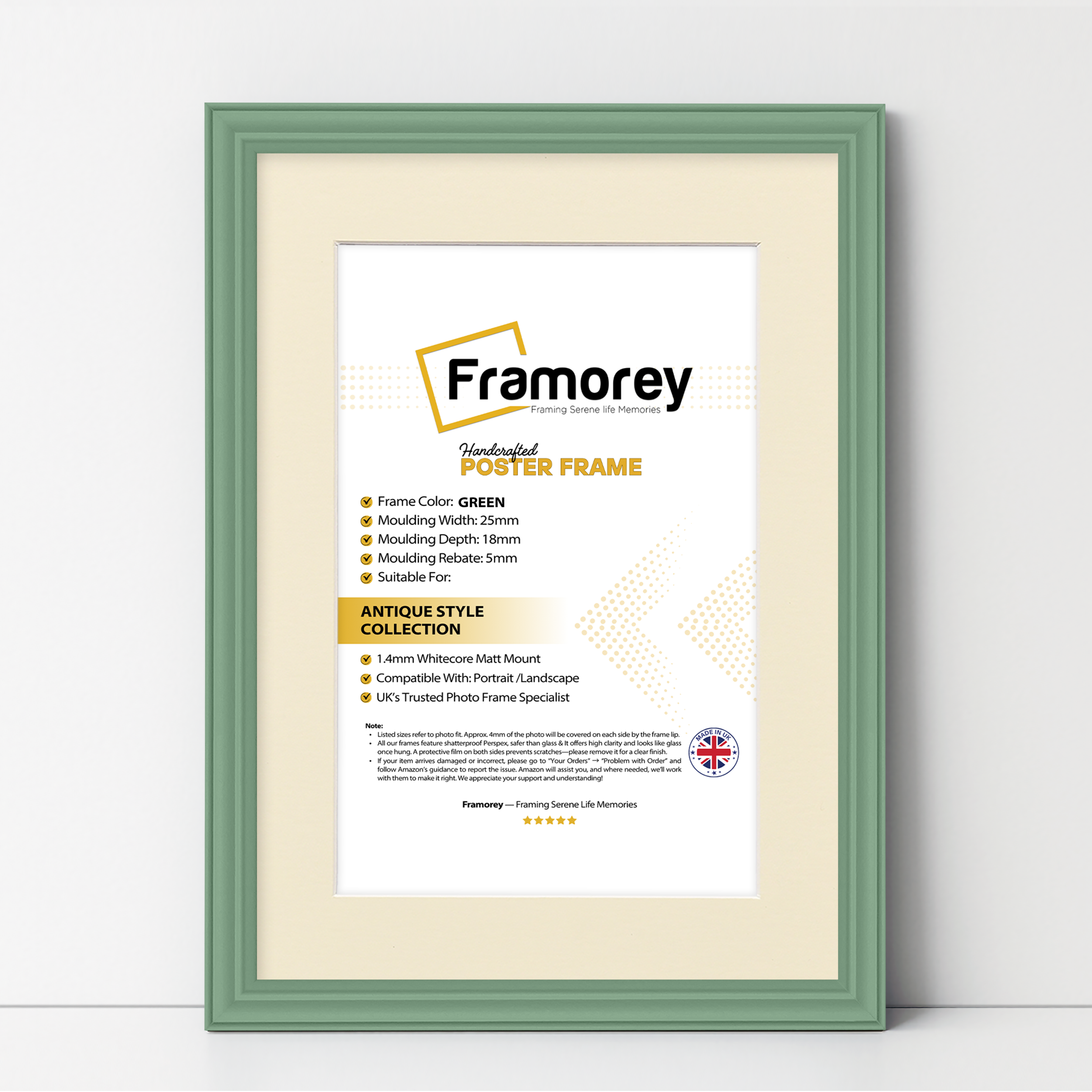 Antique Style Green Picture Frames Wall Art Photo Frame With Ivory Mount