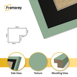 Side view of a Thin Matt Green Picture Frame With Black Mount on a wooden table and a Framorey logo place inside a frame.