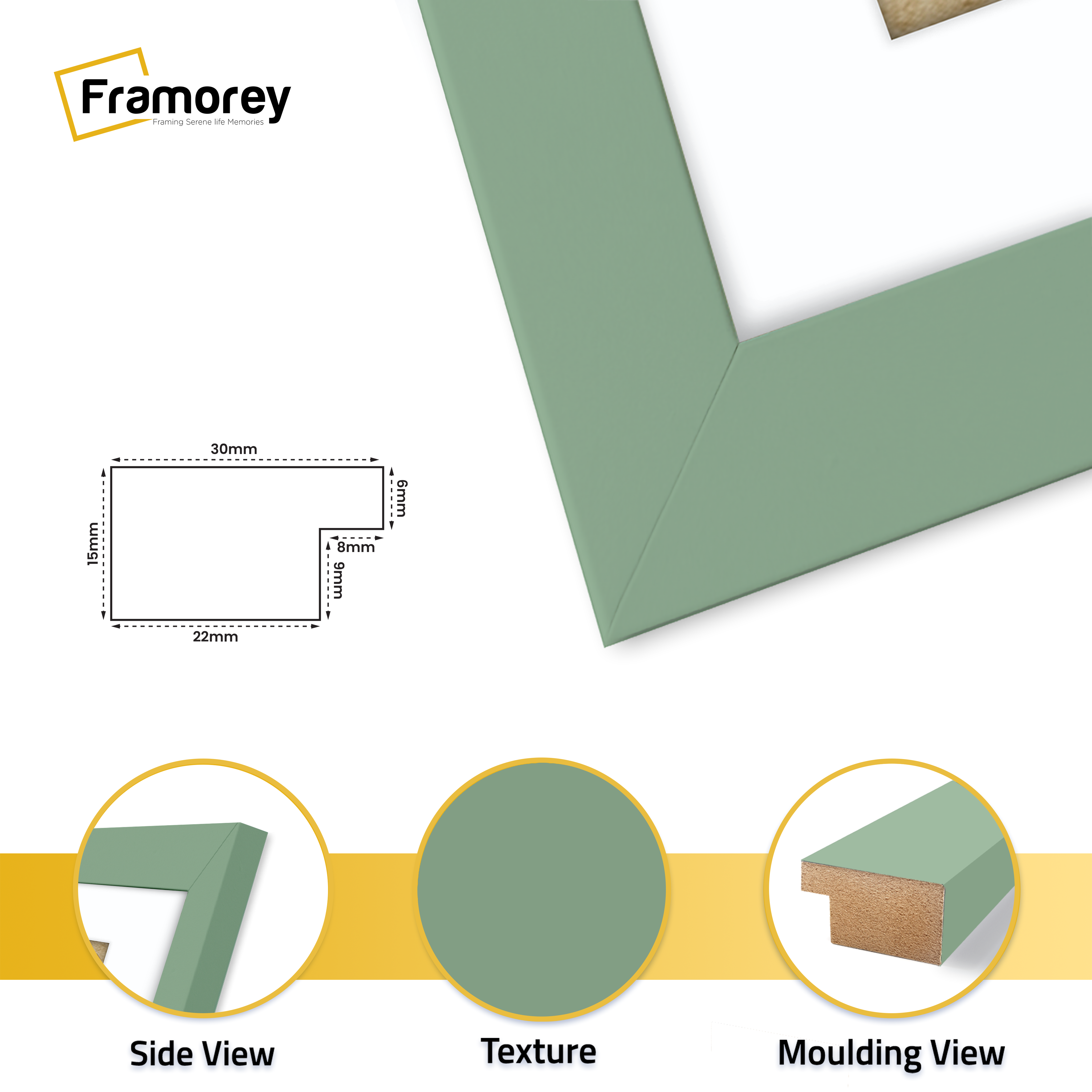 Side view of a Green Picture Frame With White Mount standing with he wall on a white surface with some highlights on its left.