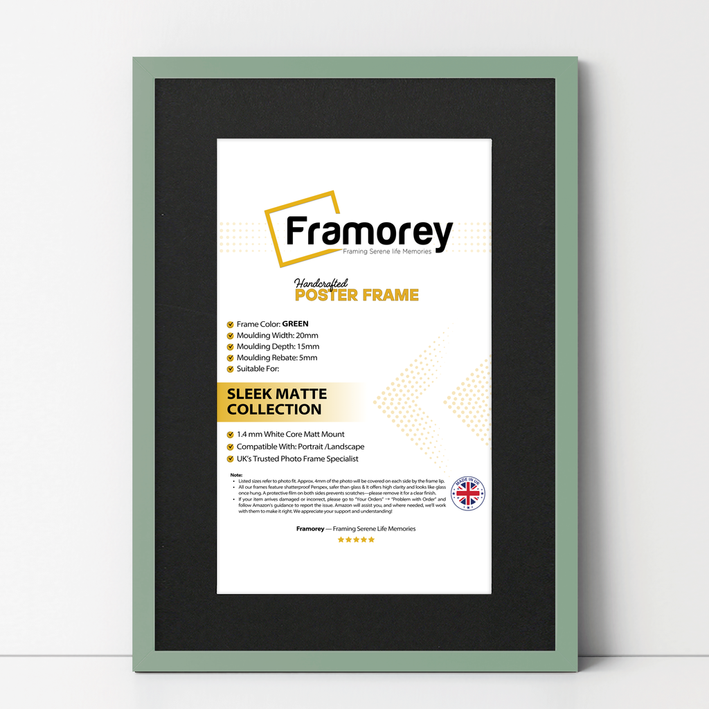 Thin Matt Green Picture Frame With Black Mount on a wooden table leaning with the wall and some description on its measurement.