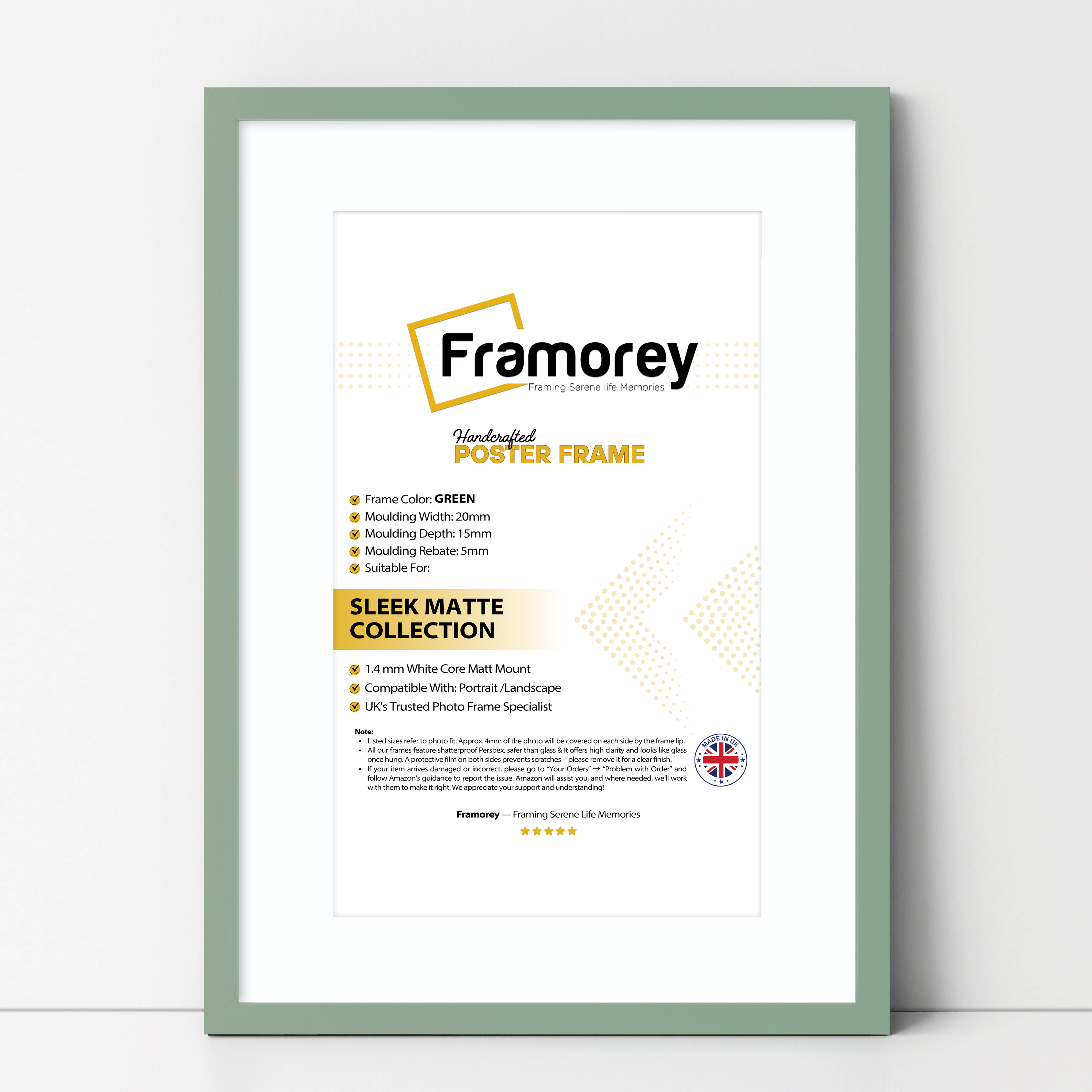 Thin Matt Green Picture Frame With White Mount on a wooden table with some detail on its measurement.