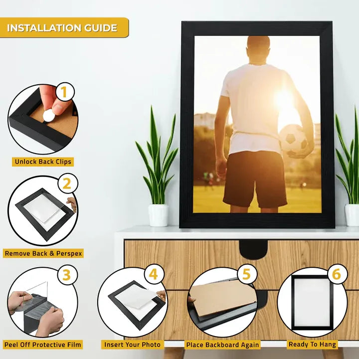 Step-by-step guide showing how to insert a photo into a Black picture frame