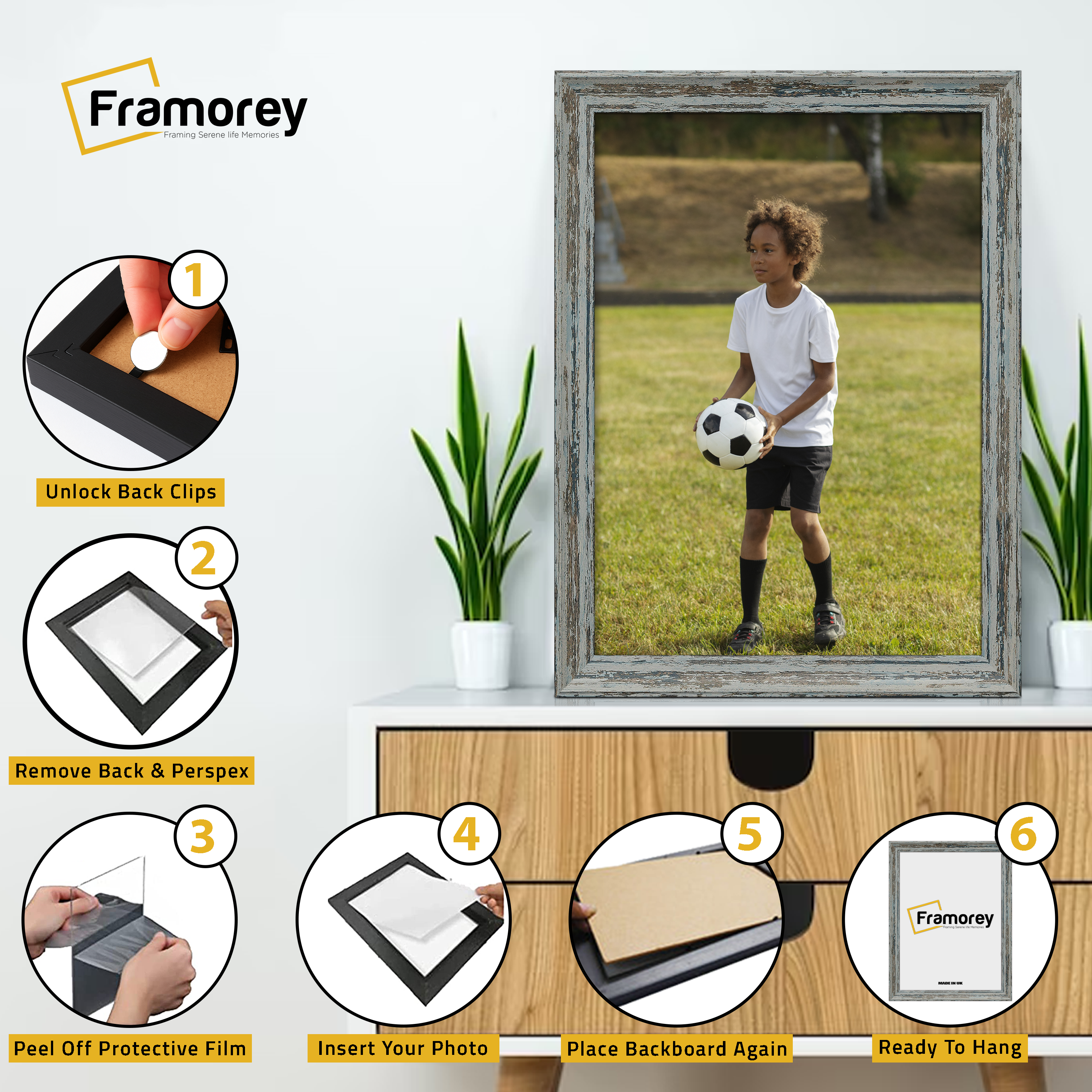 Step-by-step guide showing how to insert a photo into a Blue Vintage picture frame