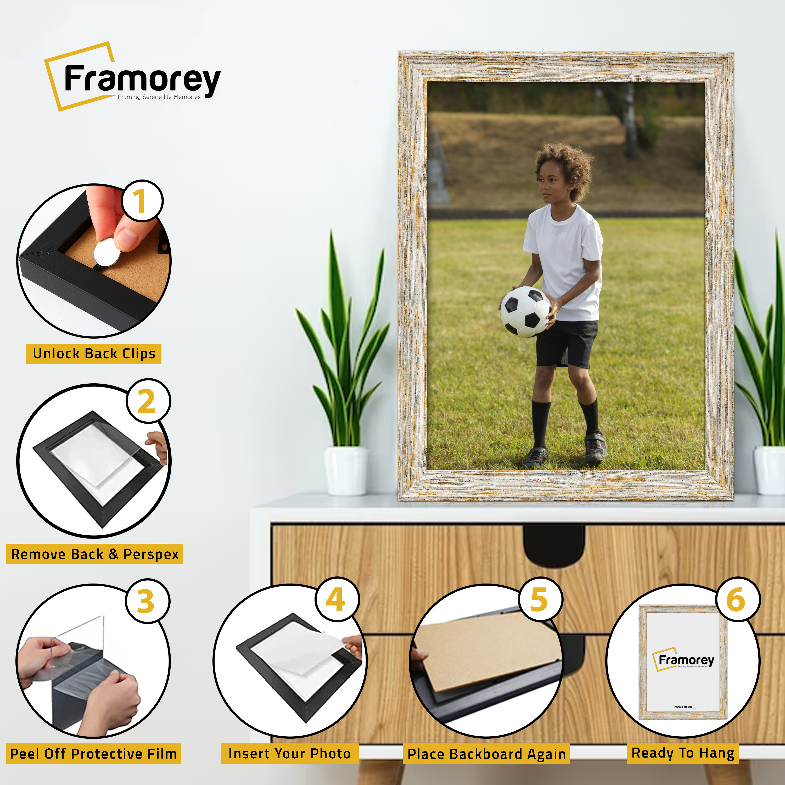 Step-by-step guide showing how to insert a photo into a White Vintage picture frame