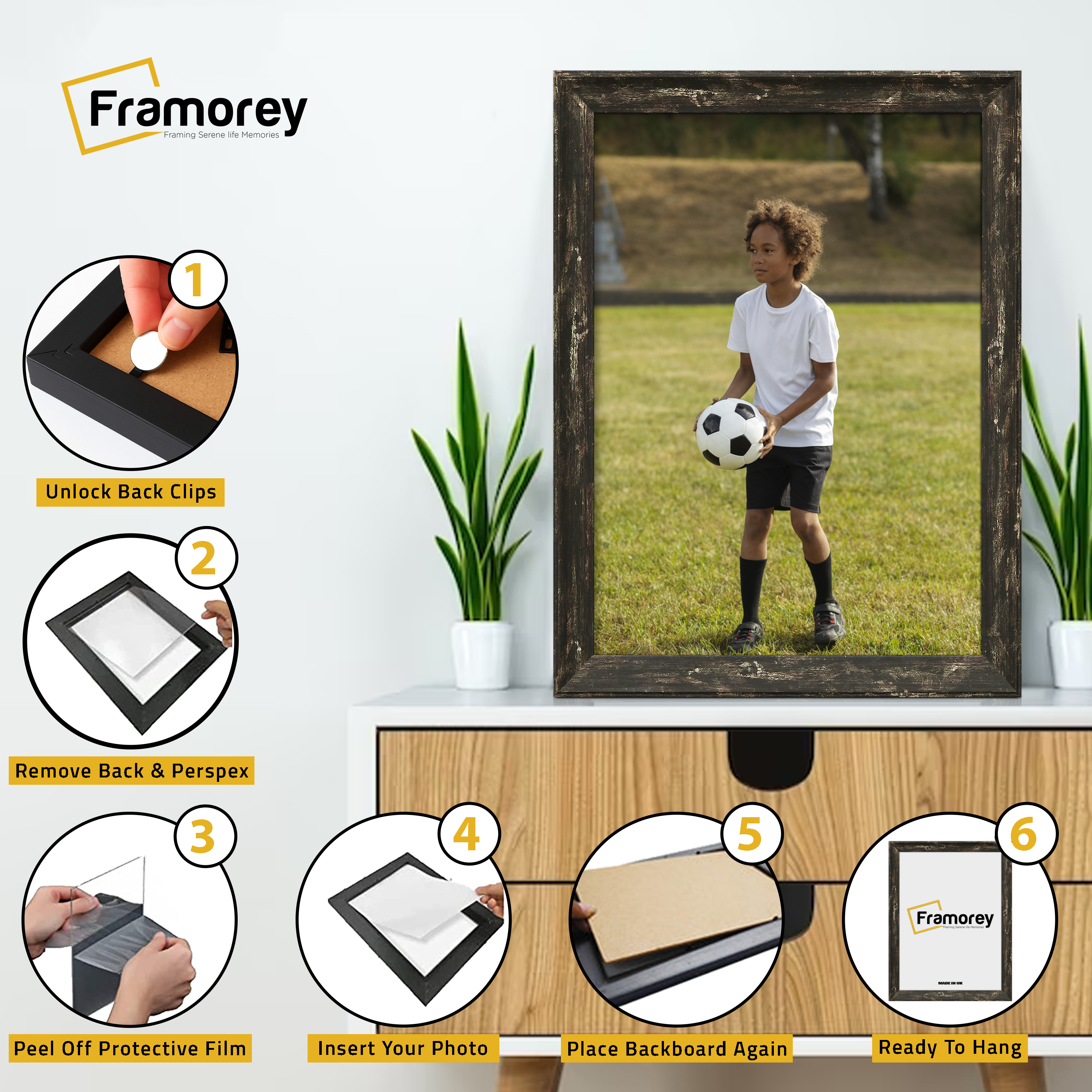 Step-by-step guide showing how to insert a photo into a Black Vintage picture frame