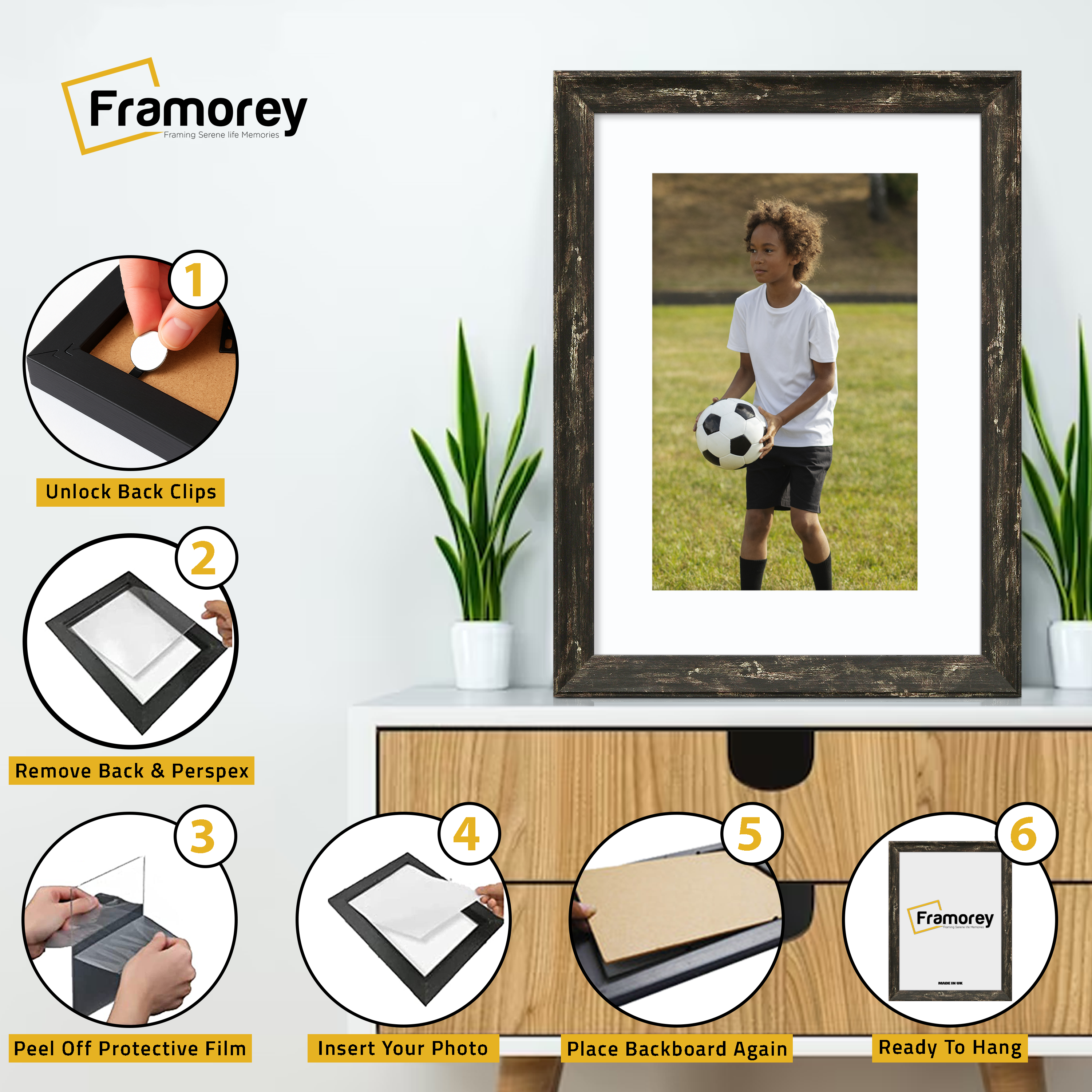 Step-by-step guide showing how to insert a photo into a Black with white mount Vintage picture frame