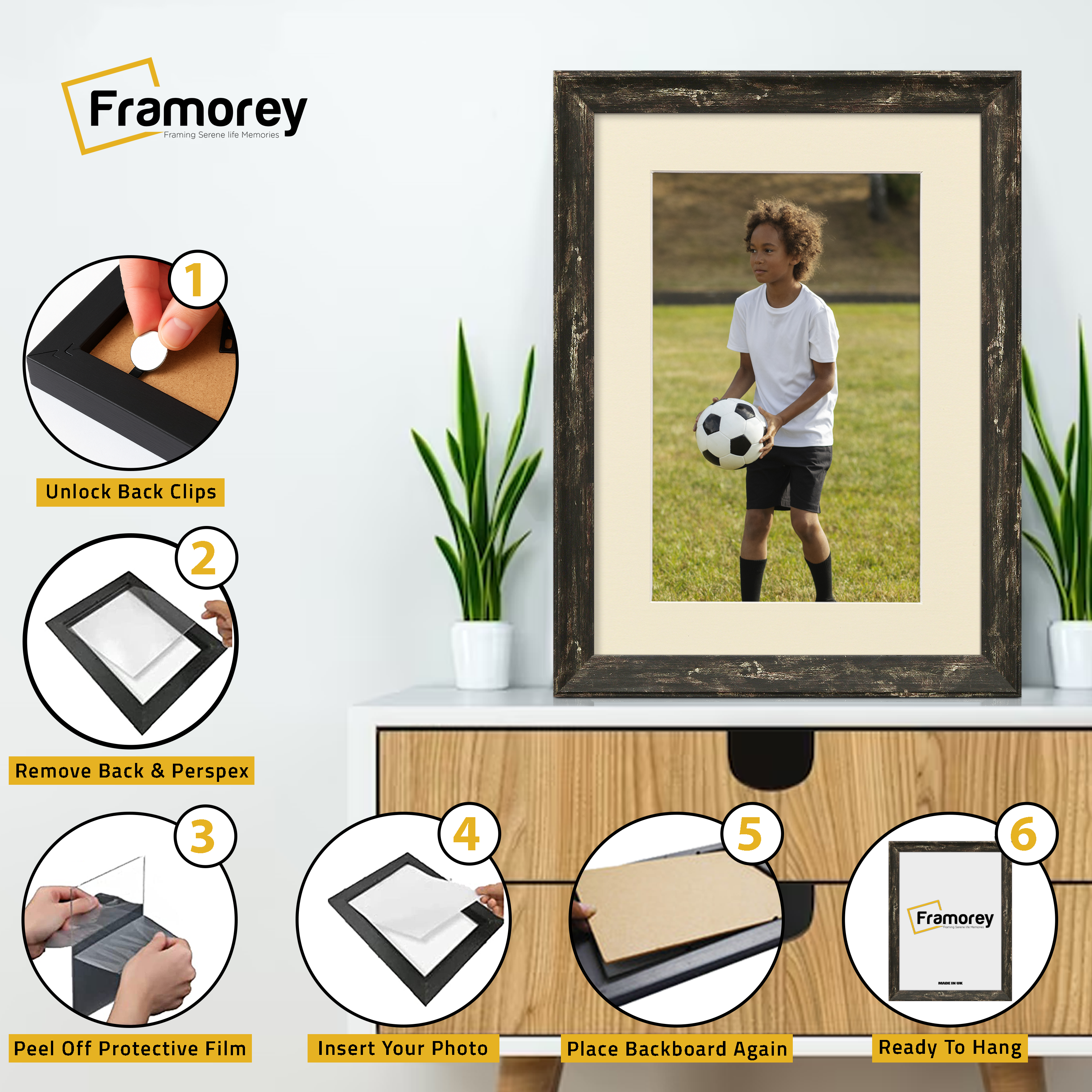 Vintage Distressed Black Photo Frames Wall Art Frame With Ivory Mount