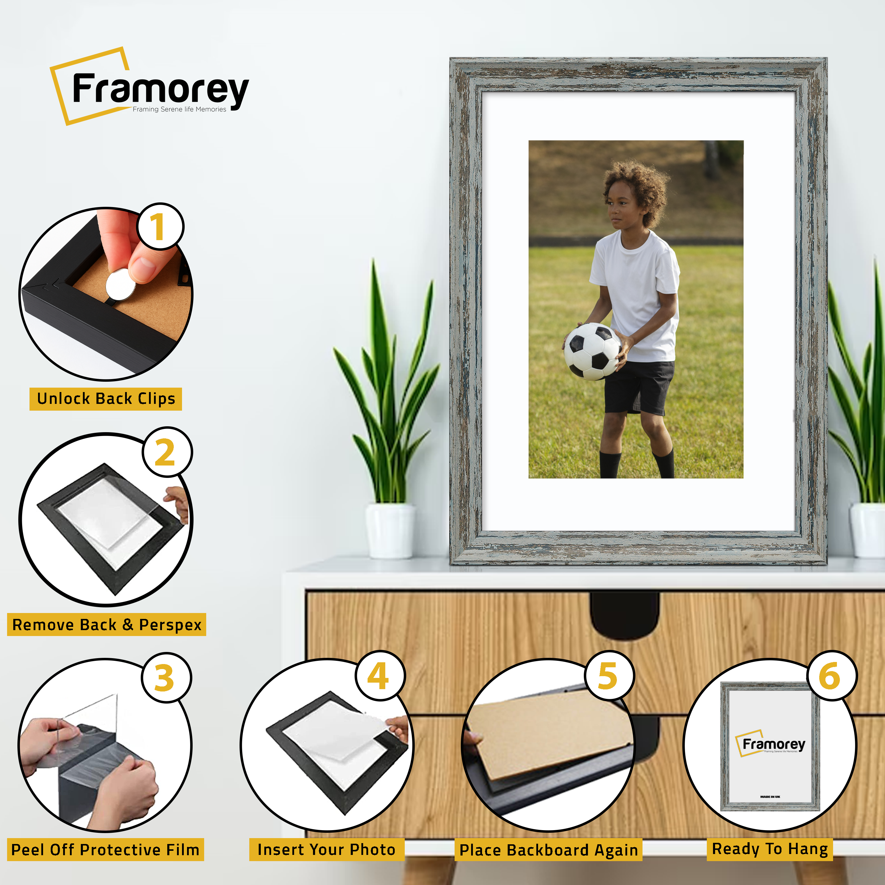 Vintage Distressed Blue Photo Frames Wall Art Frame With White Mount