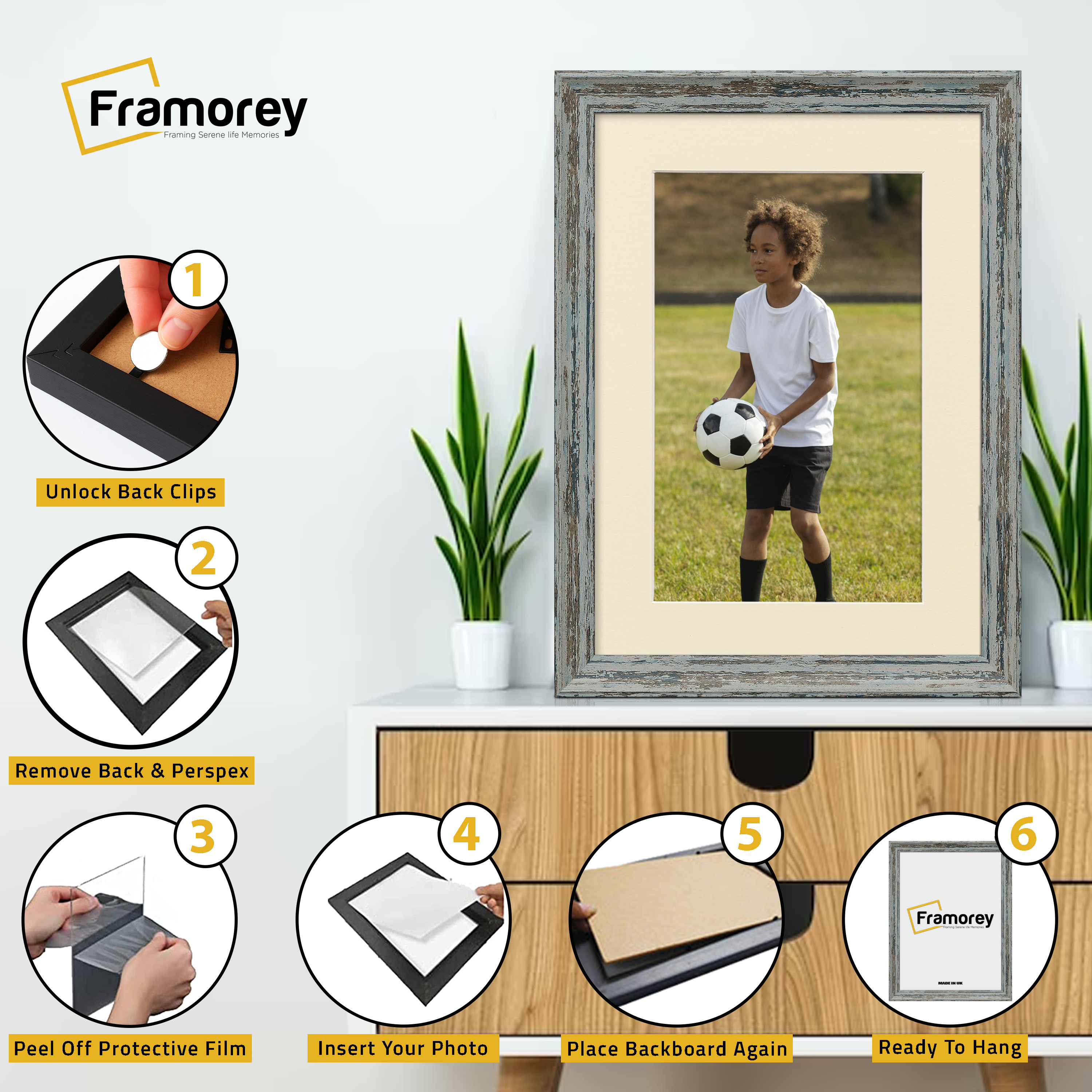 Vintage Distressed Blue Photo Frames Wall Art Frame With Ivory Mount