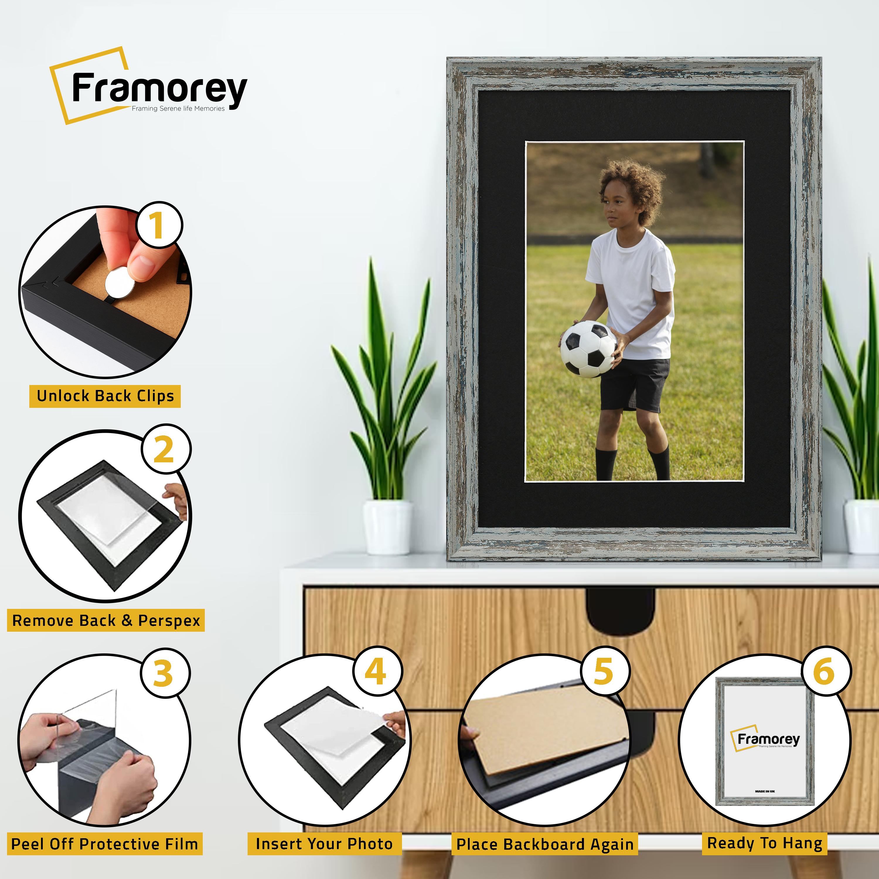 Vintage Distressed Blue Photo Frames Wall Art Frame With Black Mount