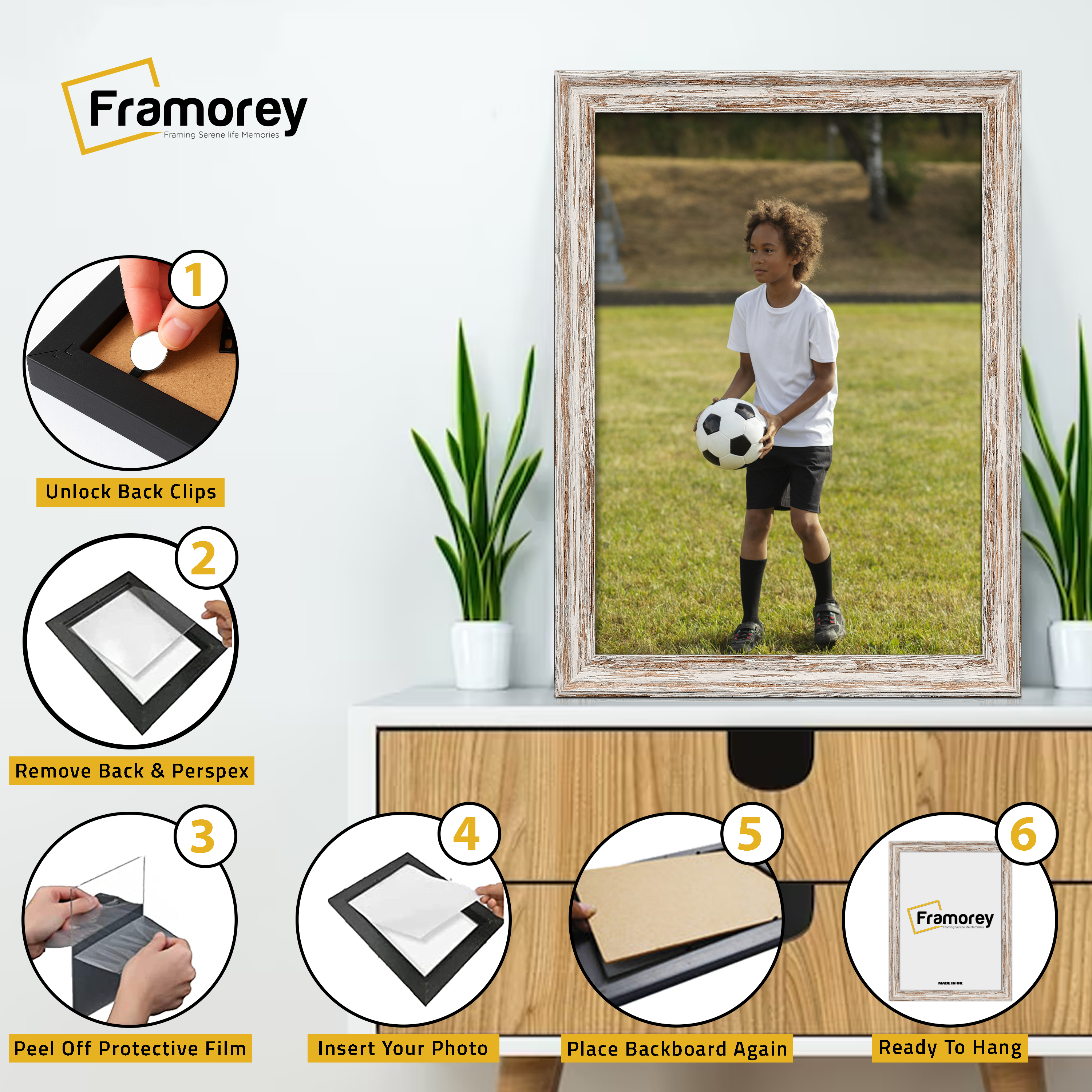 Step-by-step guide showing how to insert a photo into a walnut Vintage picture frame