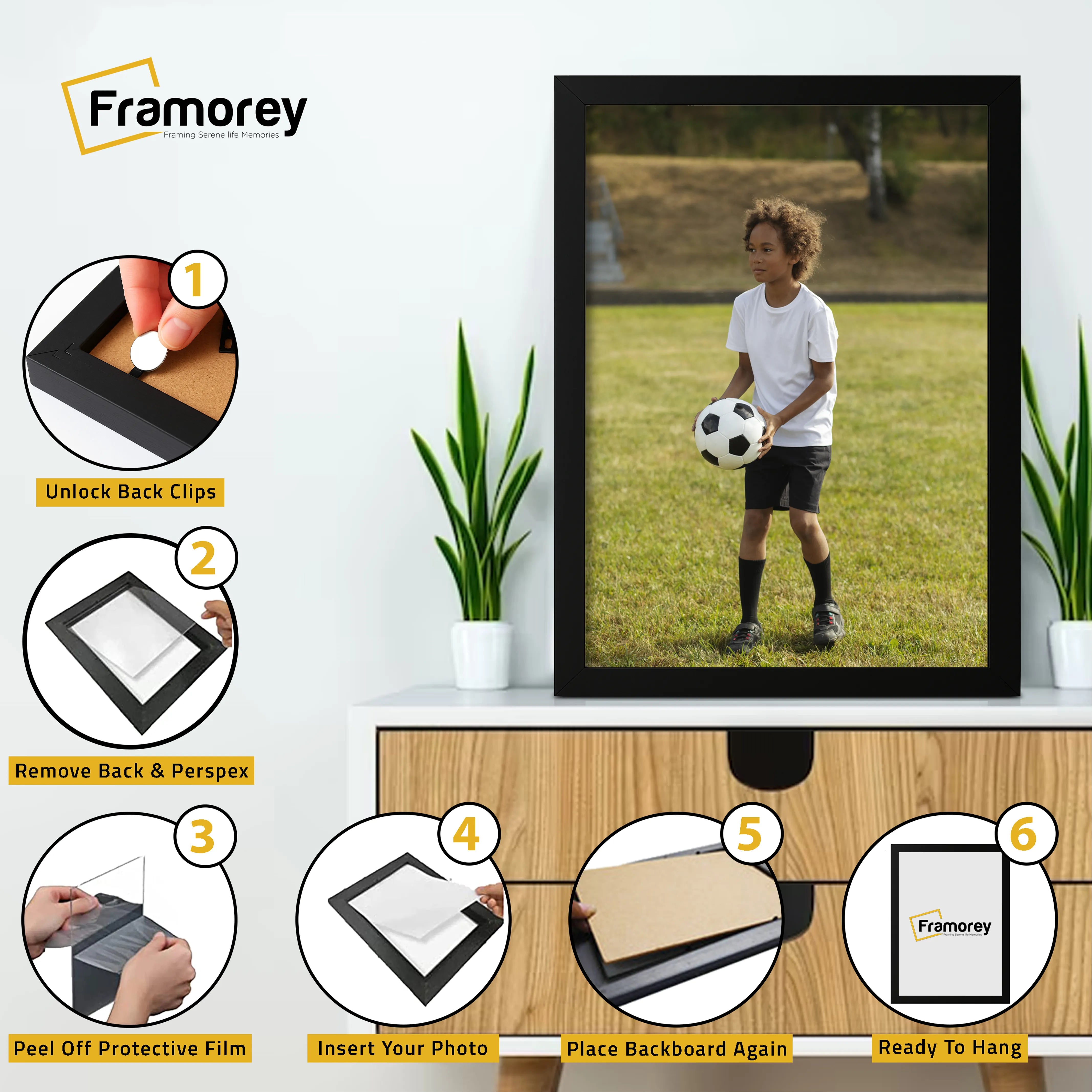 Step-by-step guide showing how to insert a photo into a Black picture frame