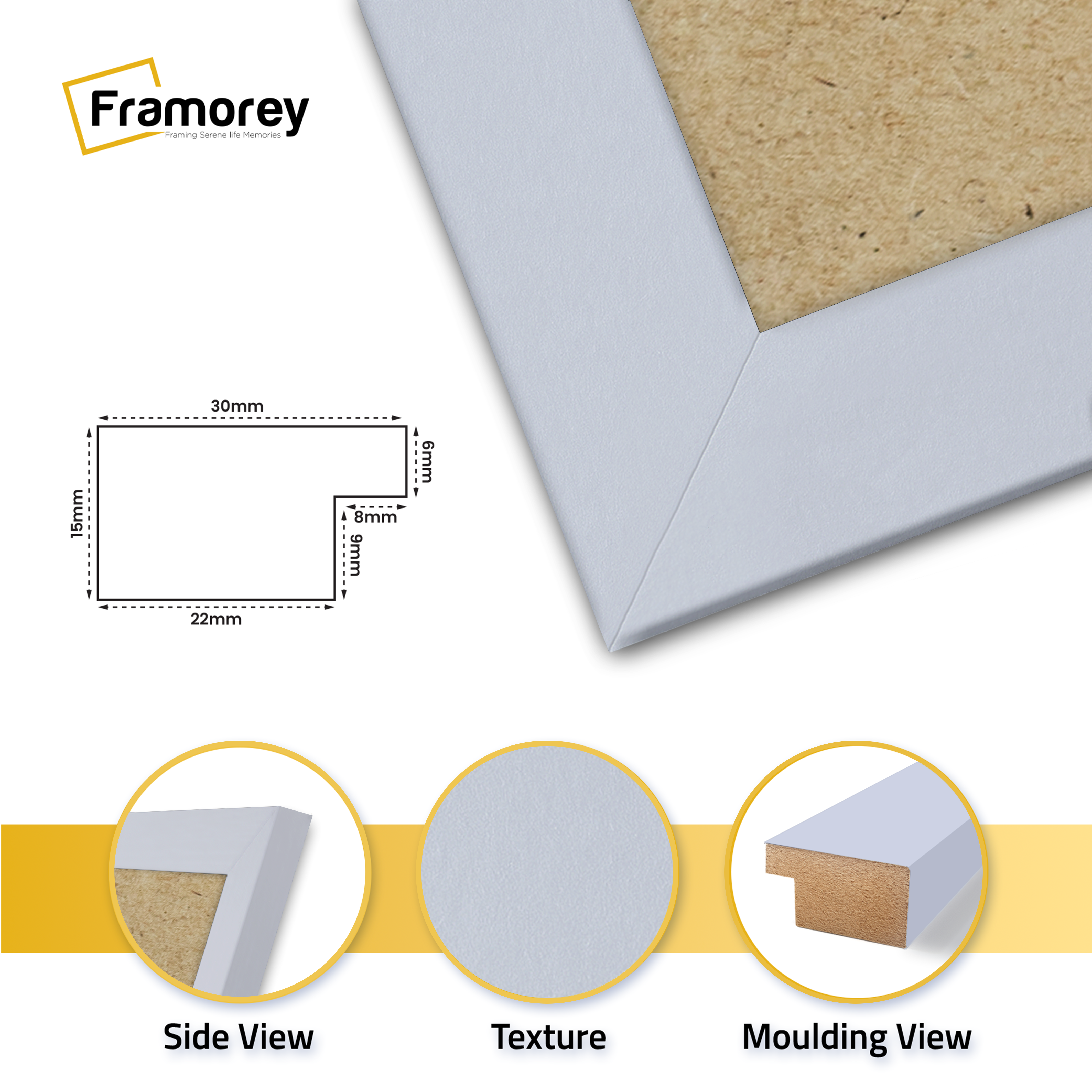 Rectangle Back side light gray picture frame with detail on all its parts.