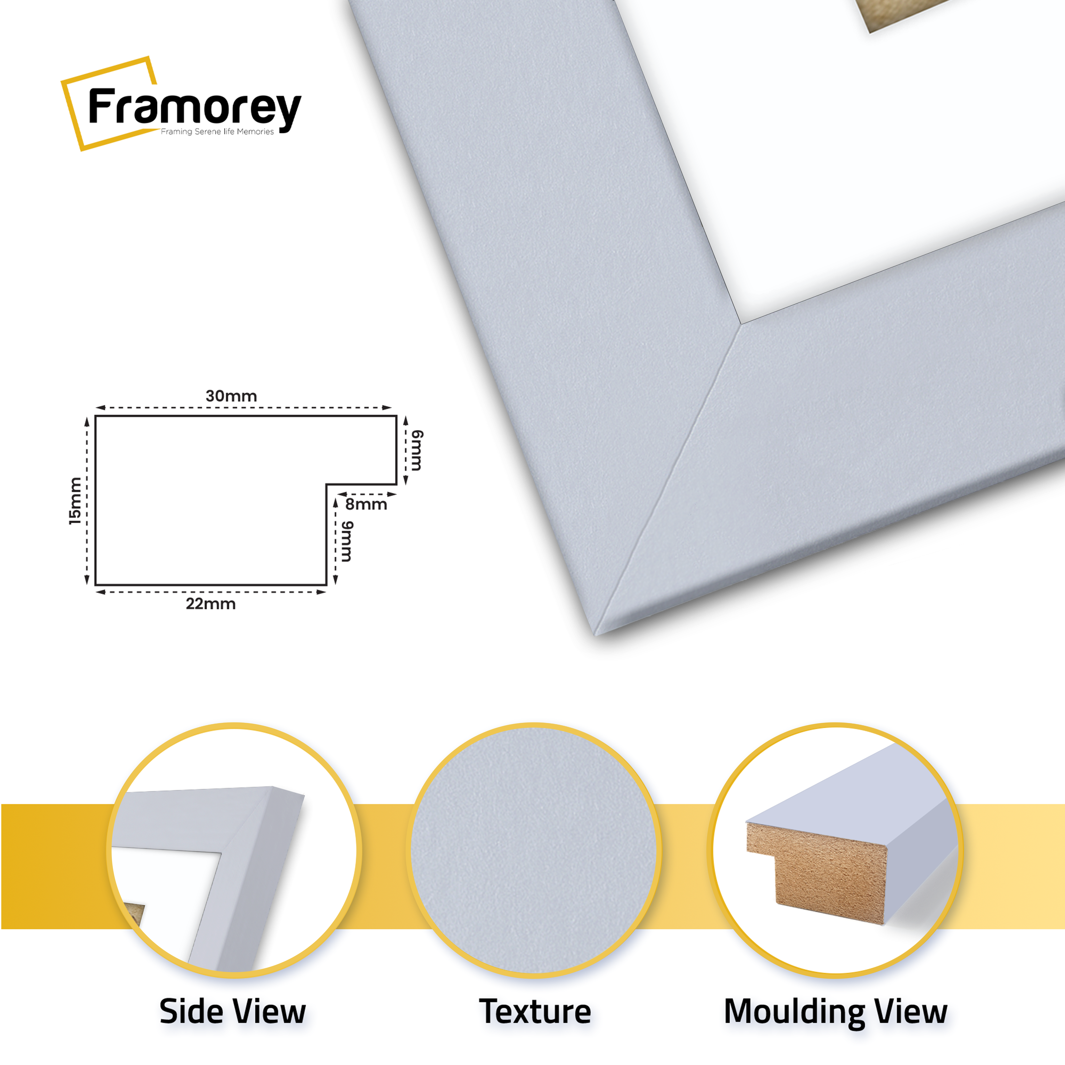 Rectangle Back side view of a Light Grey Picture Frame With White Mount and some detail on its parts.
