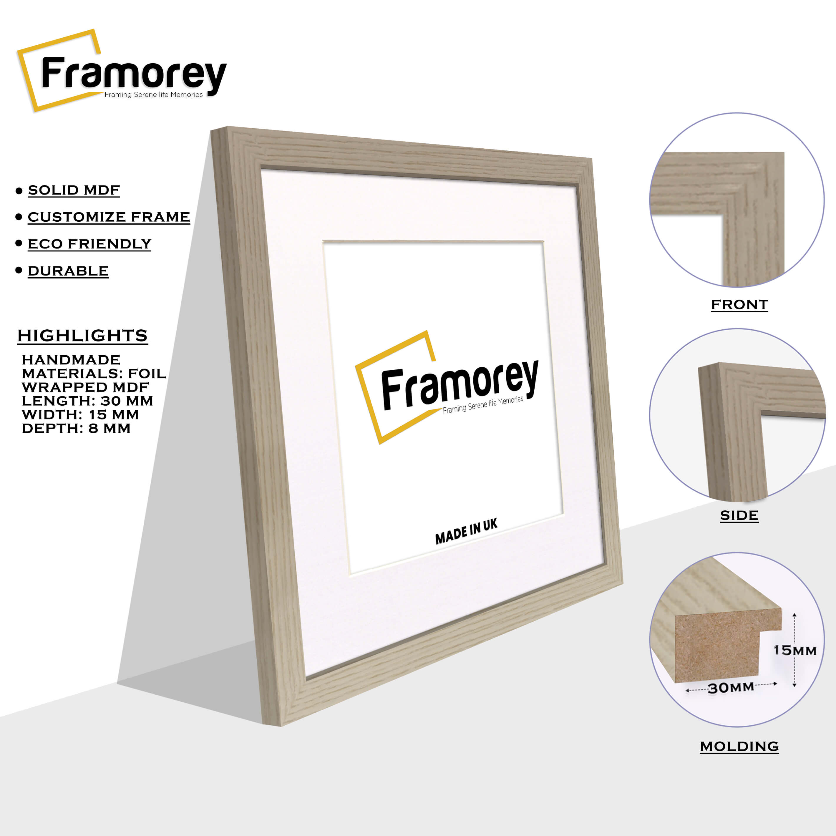 Square Size Light Oak Picture Frame With White Mount