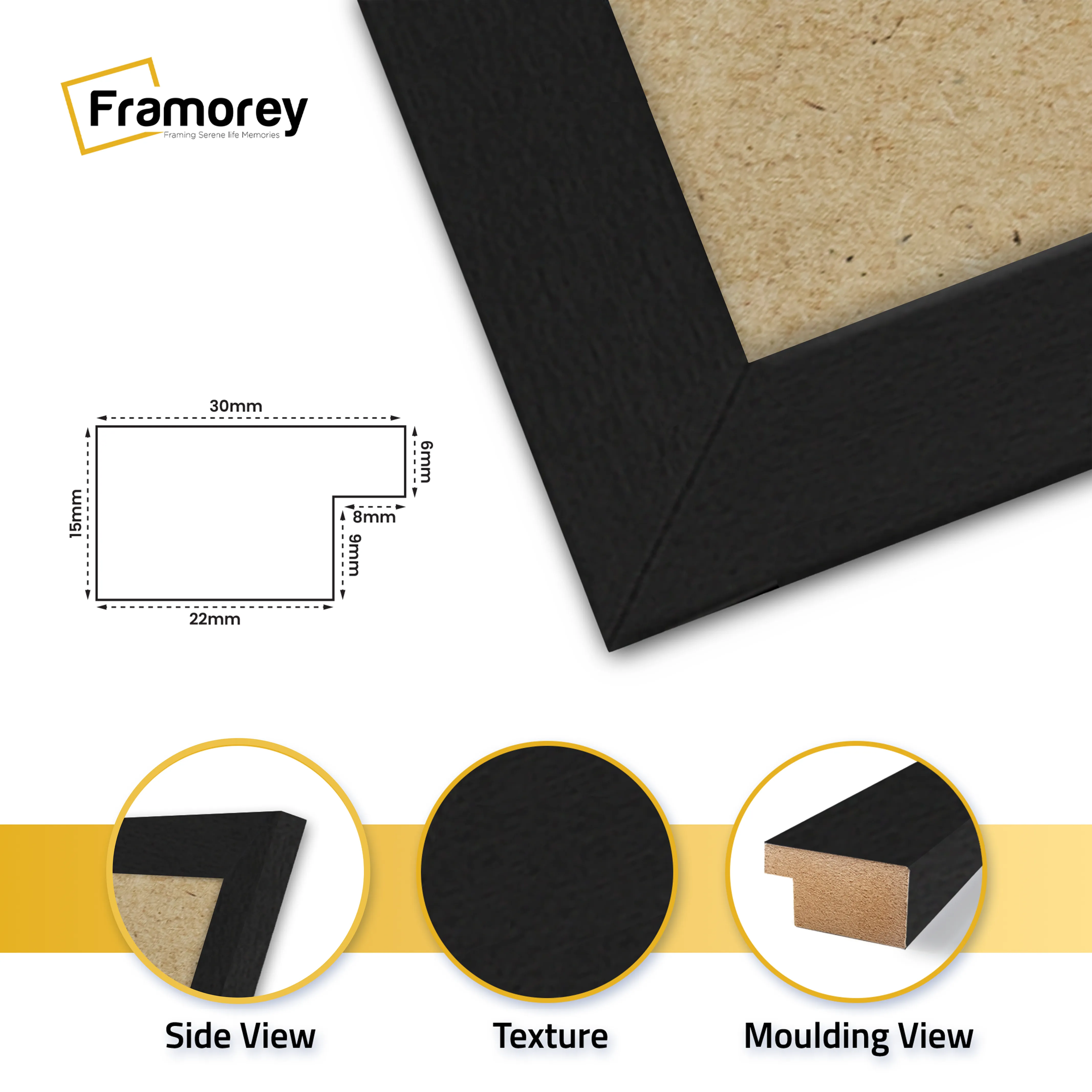 close view of black frame featuring side view texture and molding view