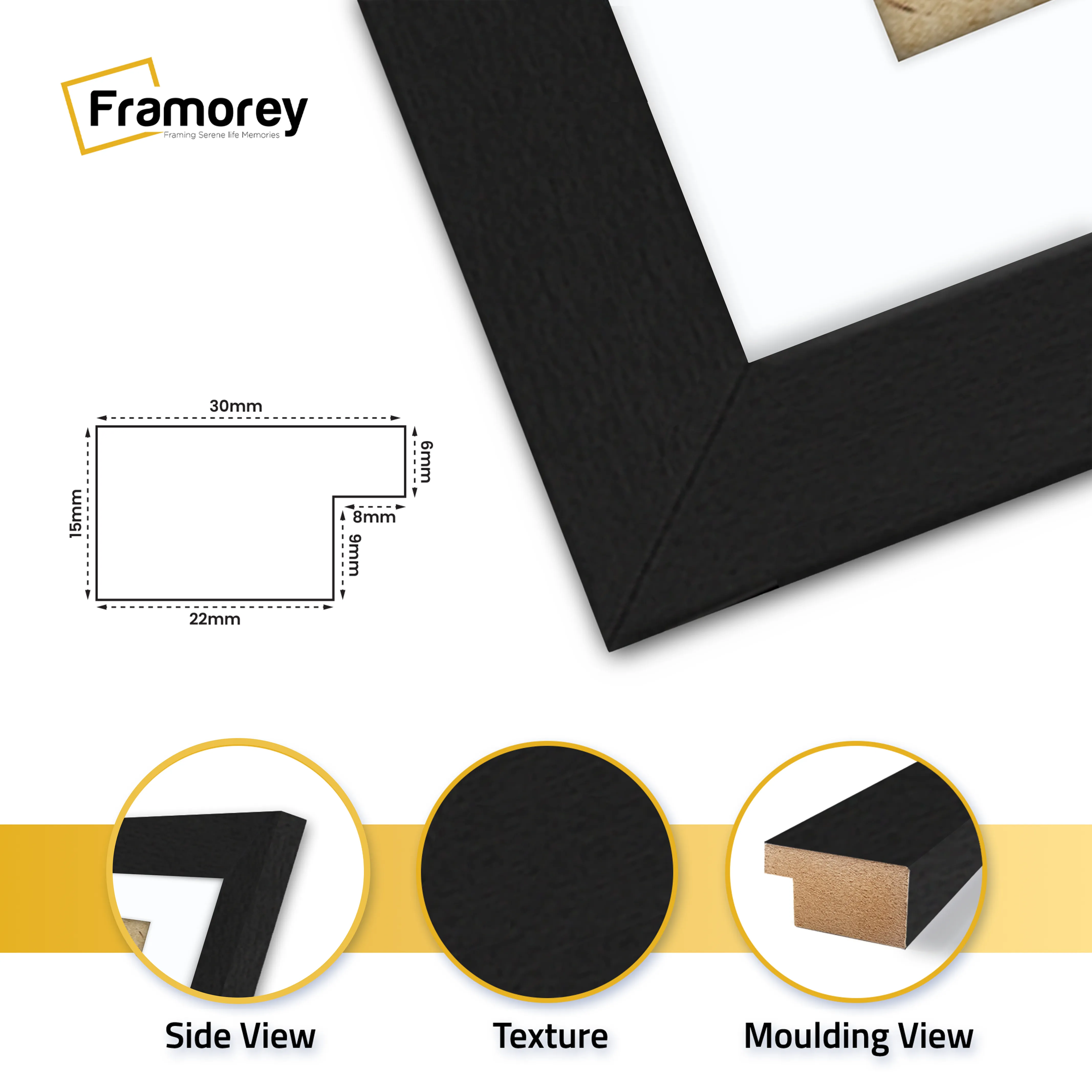 close view of black frame featuring side view texture and molding view