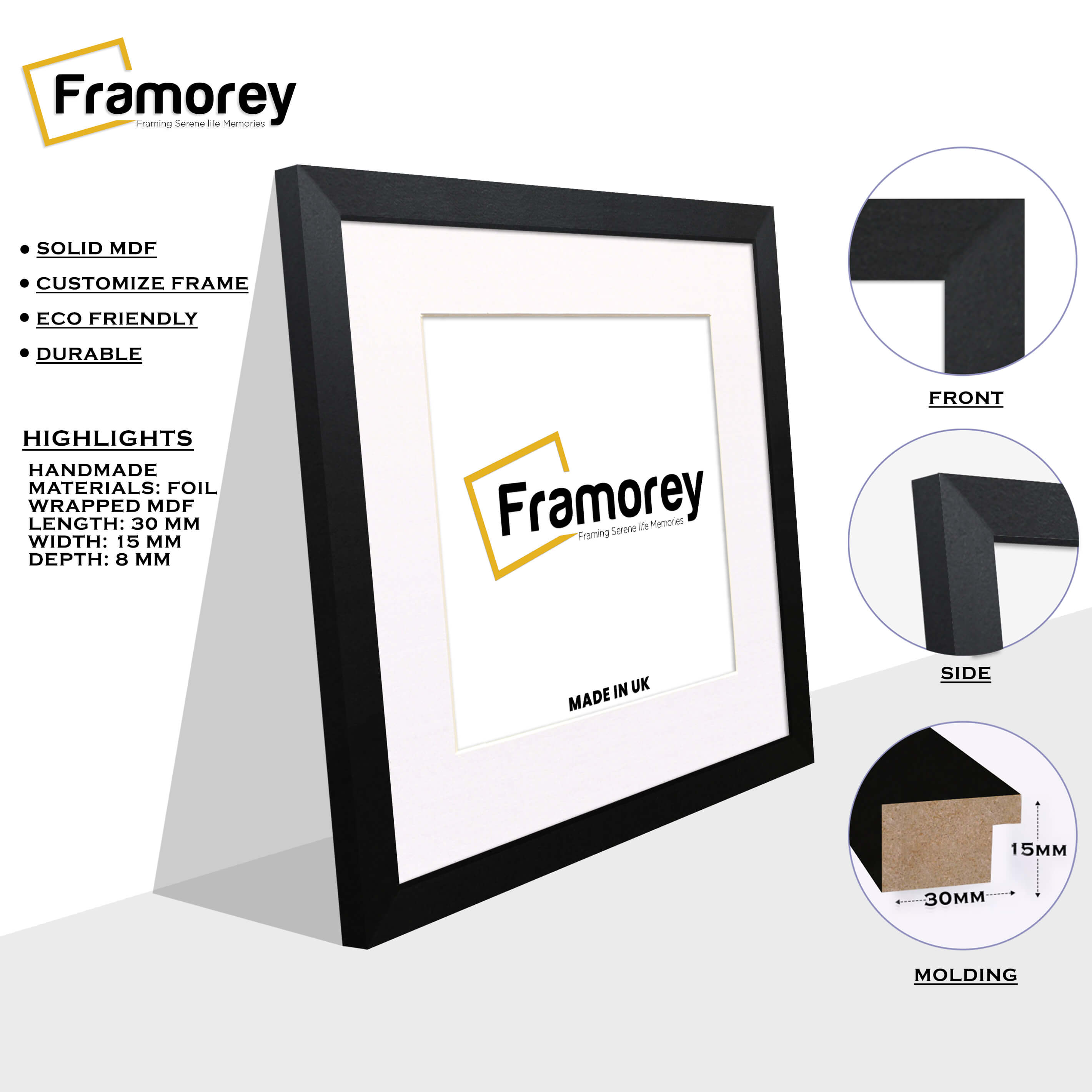 Square Size Matt Black Picture Frame With White Mount
