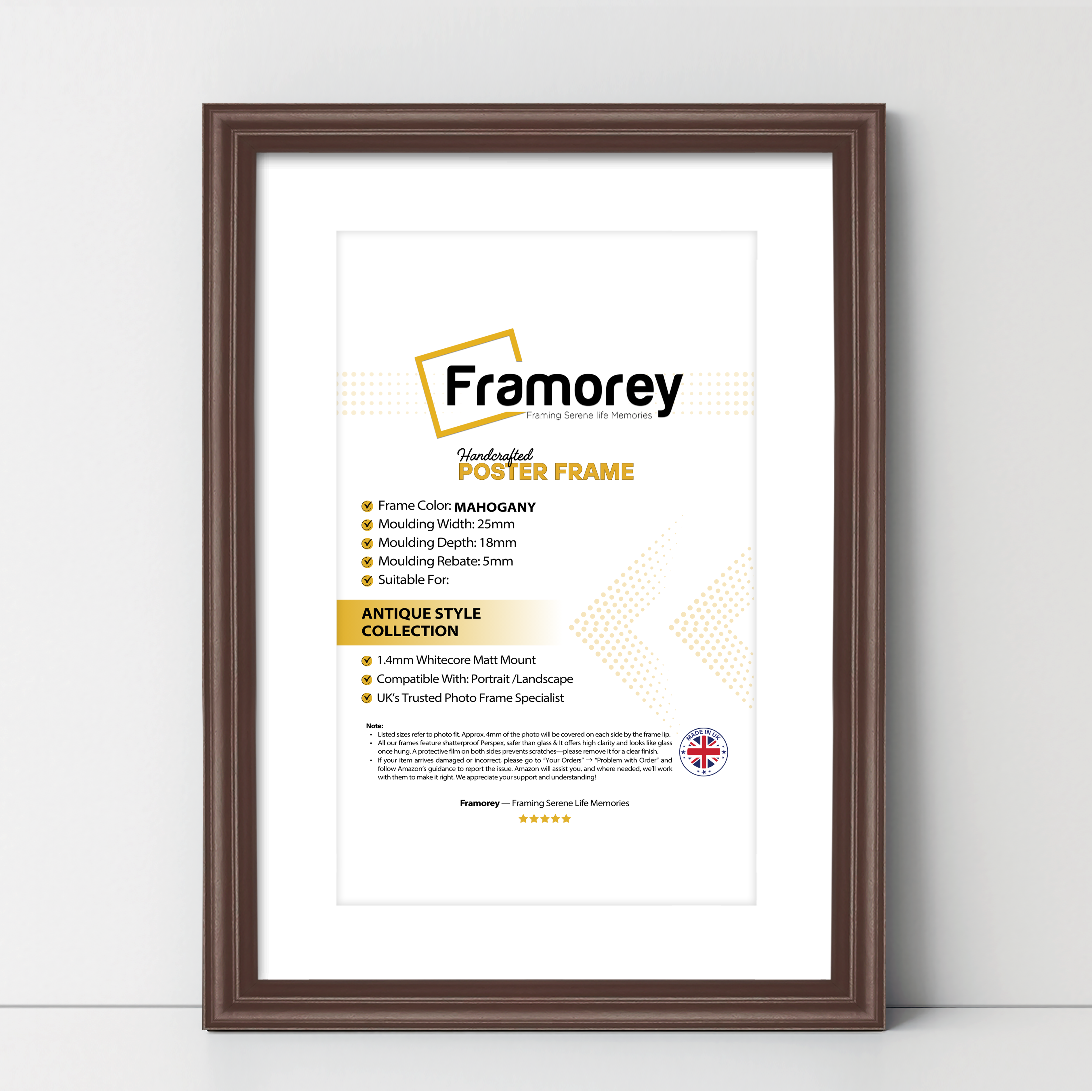 Antique Style Mahogany Picture Frame Wall Art Frame With White Mount