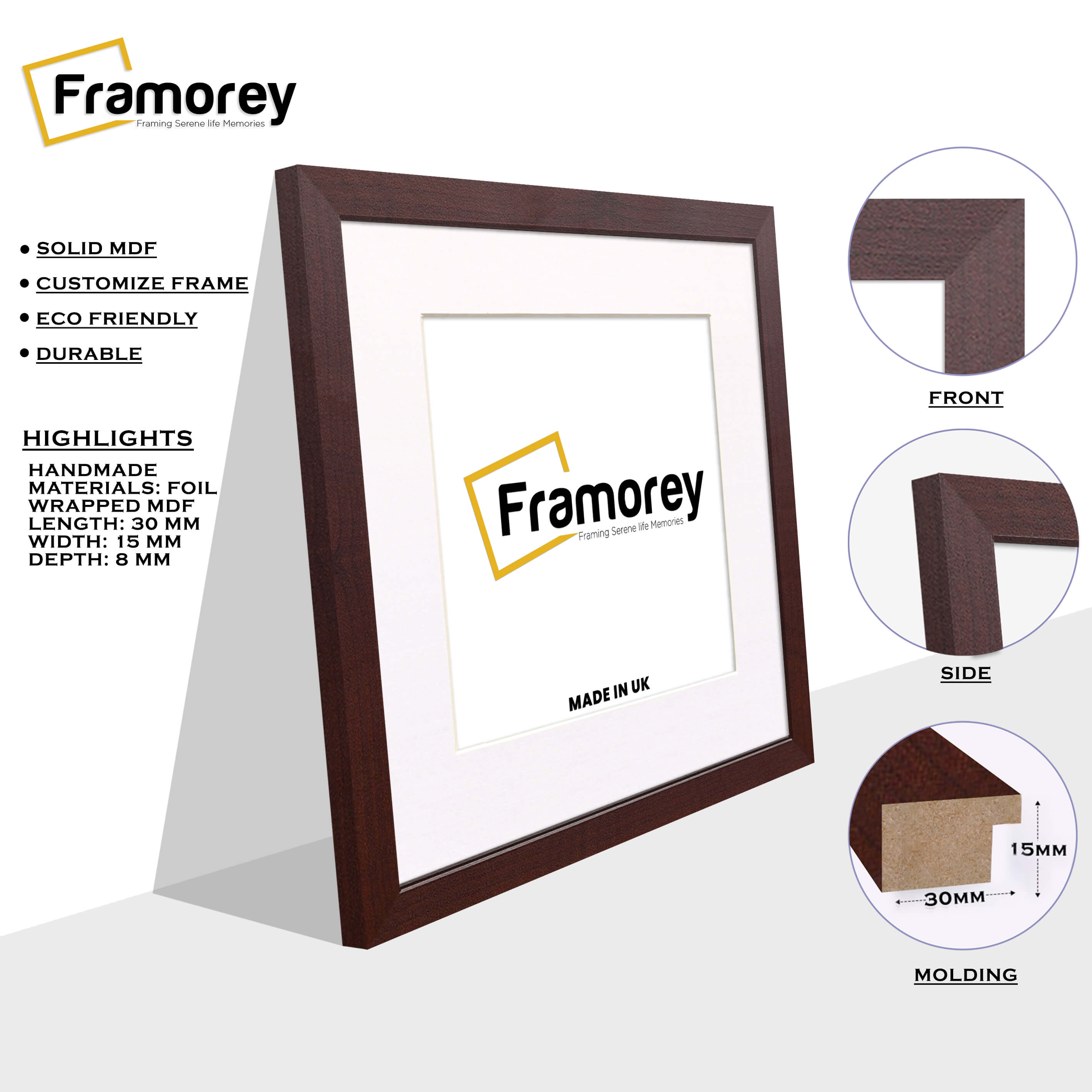 Square Size Mahogany Picture Frame With White Mount