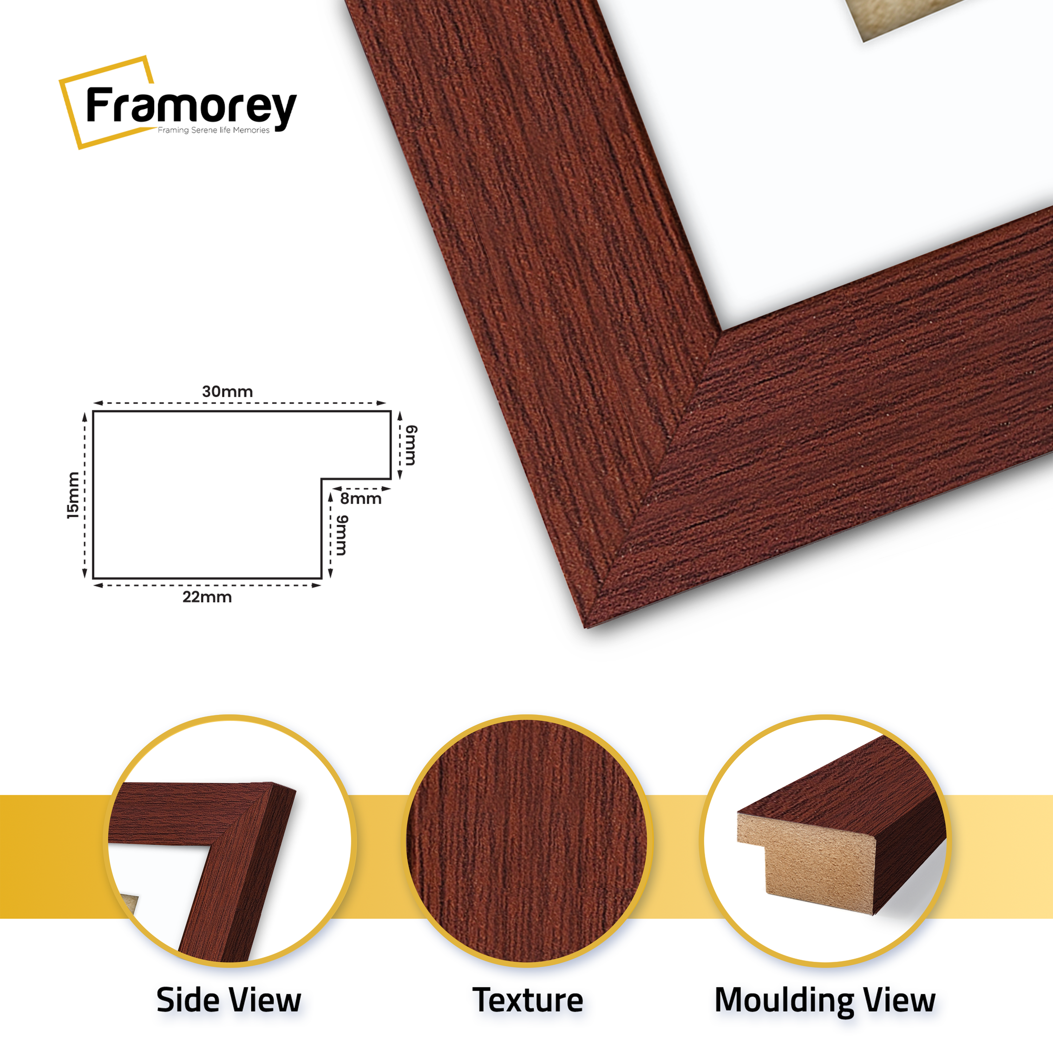 Four Mahogany Picture Frame With White Mount hanging on a wall with different pictures place inside them.