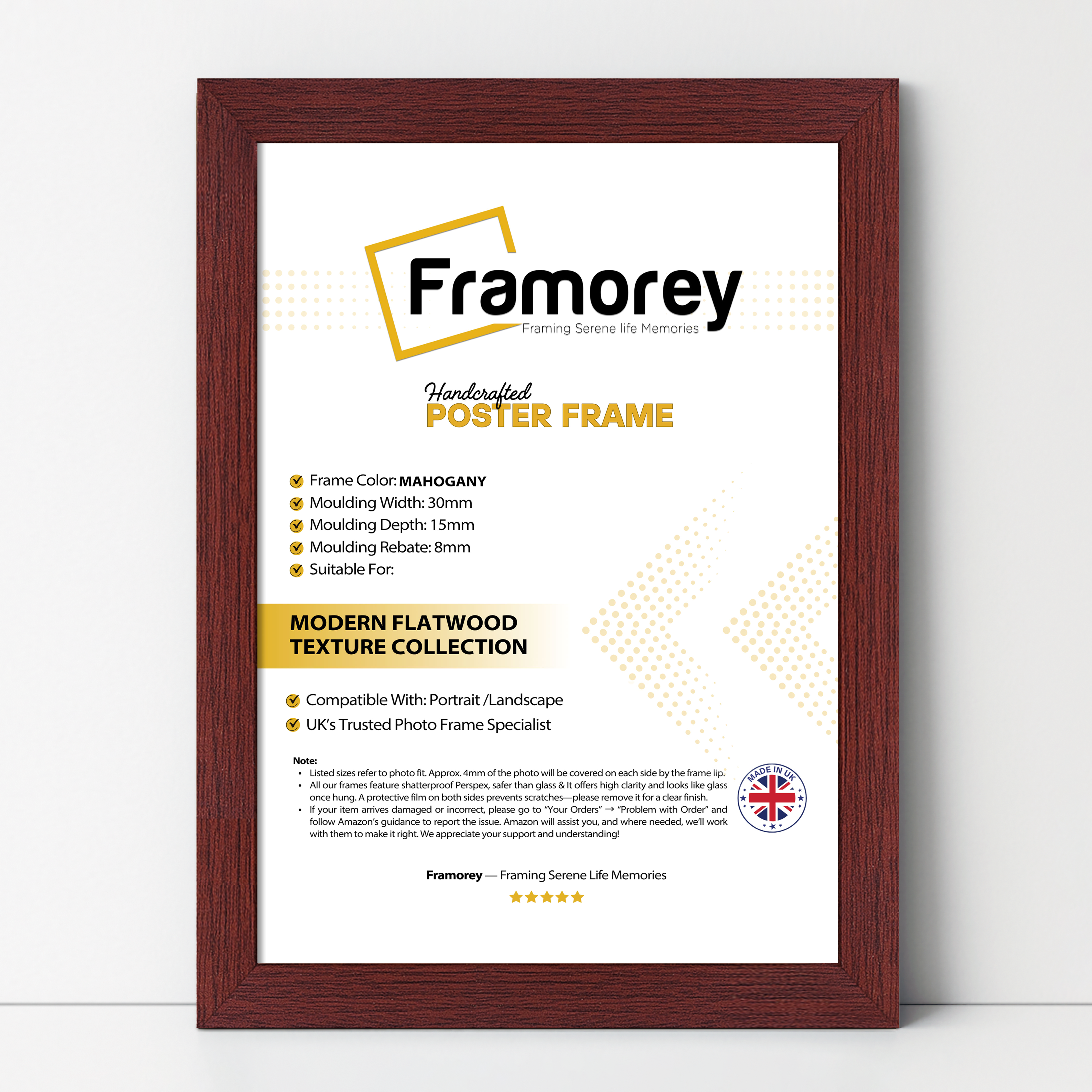 Mahogany Picture Frame Home Decor Photo Frames leaning with the wall on a wooden floor with some detail on its measurement.