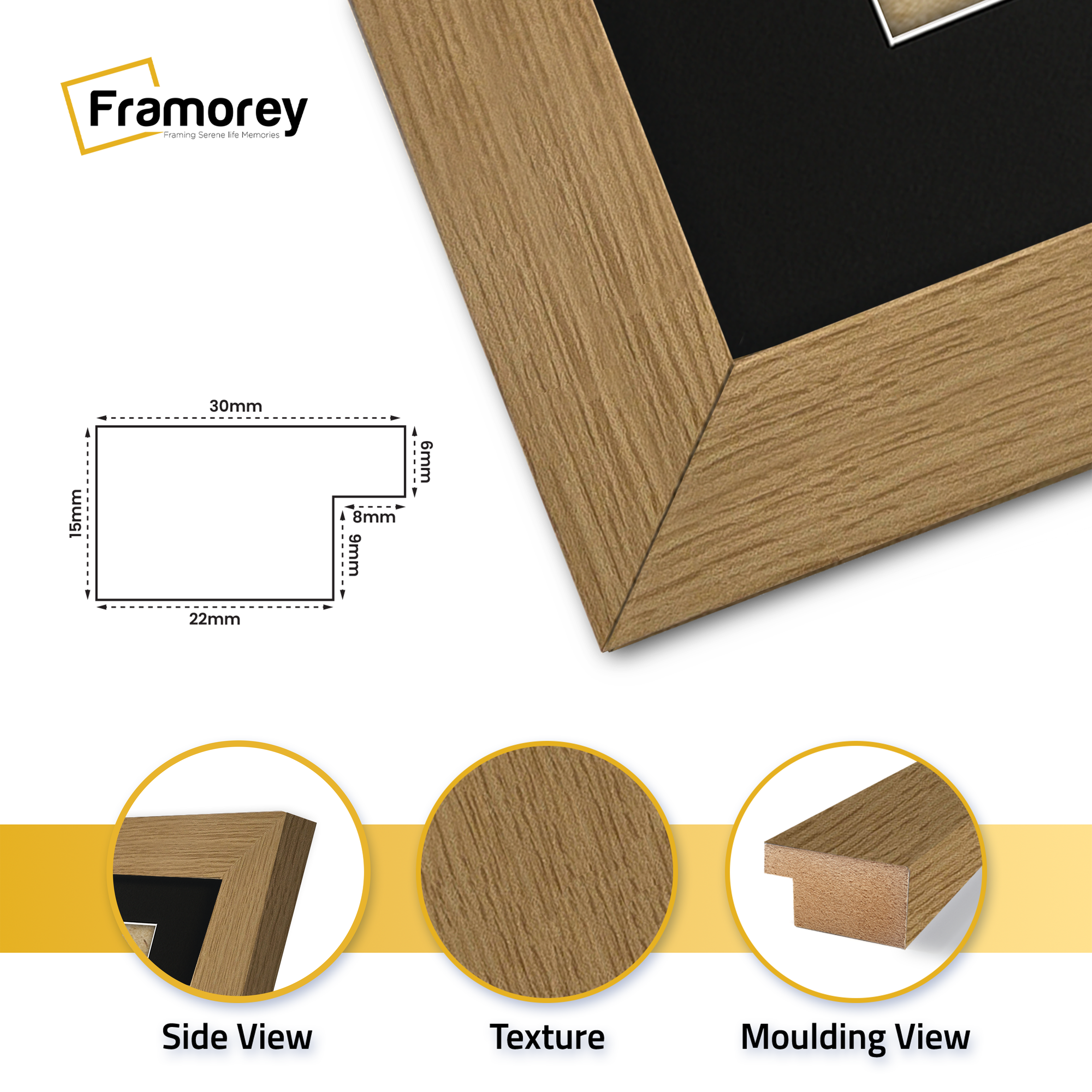 Rectangle Back side view of a Oak Picture Frame with Black Mount with some details on its features.