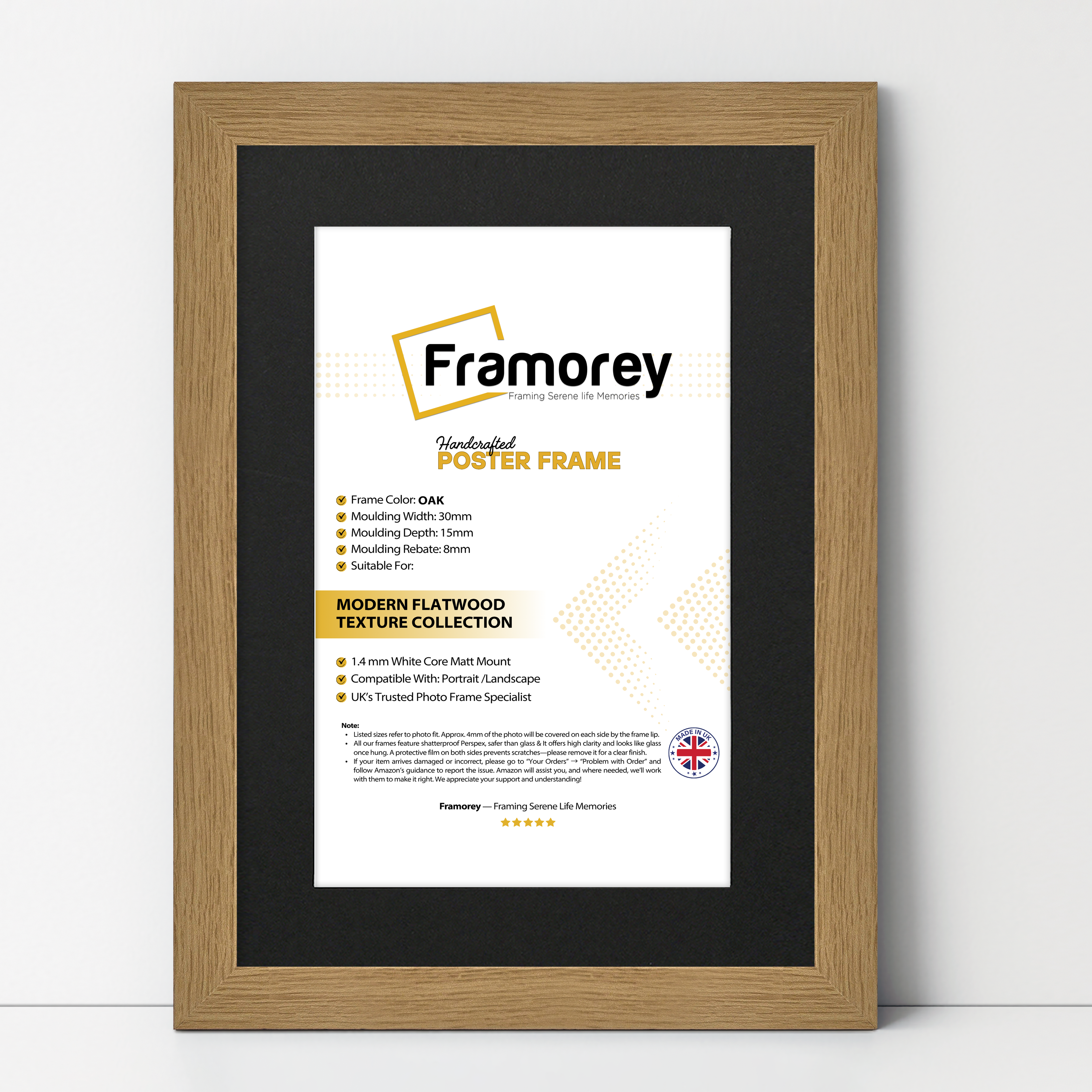 Oak Picture Frame with Black Mount with some details.