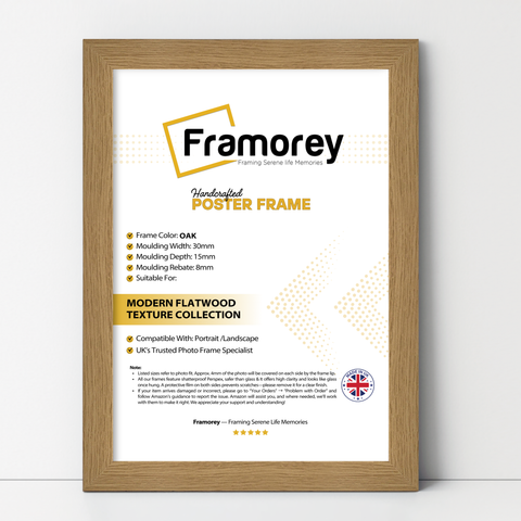 Oak picture frame shown from front view on a plain white surface standing with a wall