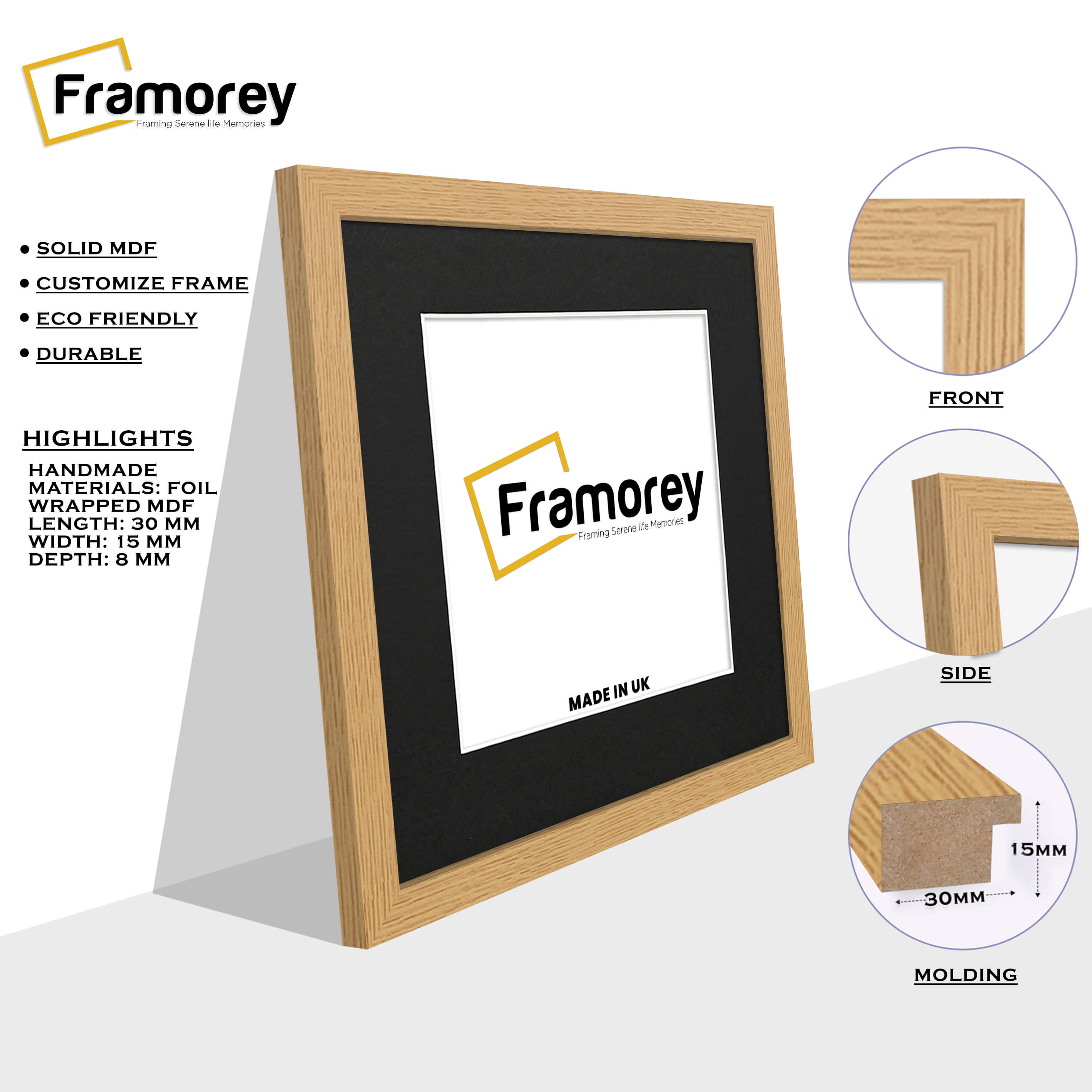 Square Size Oak Picture Frame With Black Mount