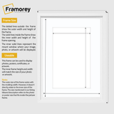 Side view of a White Picture Frame Oslo Style With White Mount leaning with the wall on a wooden bench with a Framorey logo place inside it.