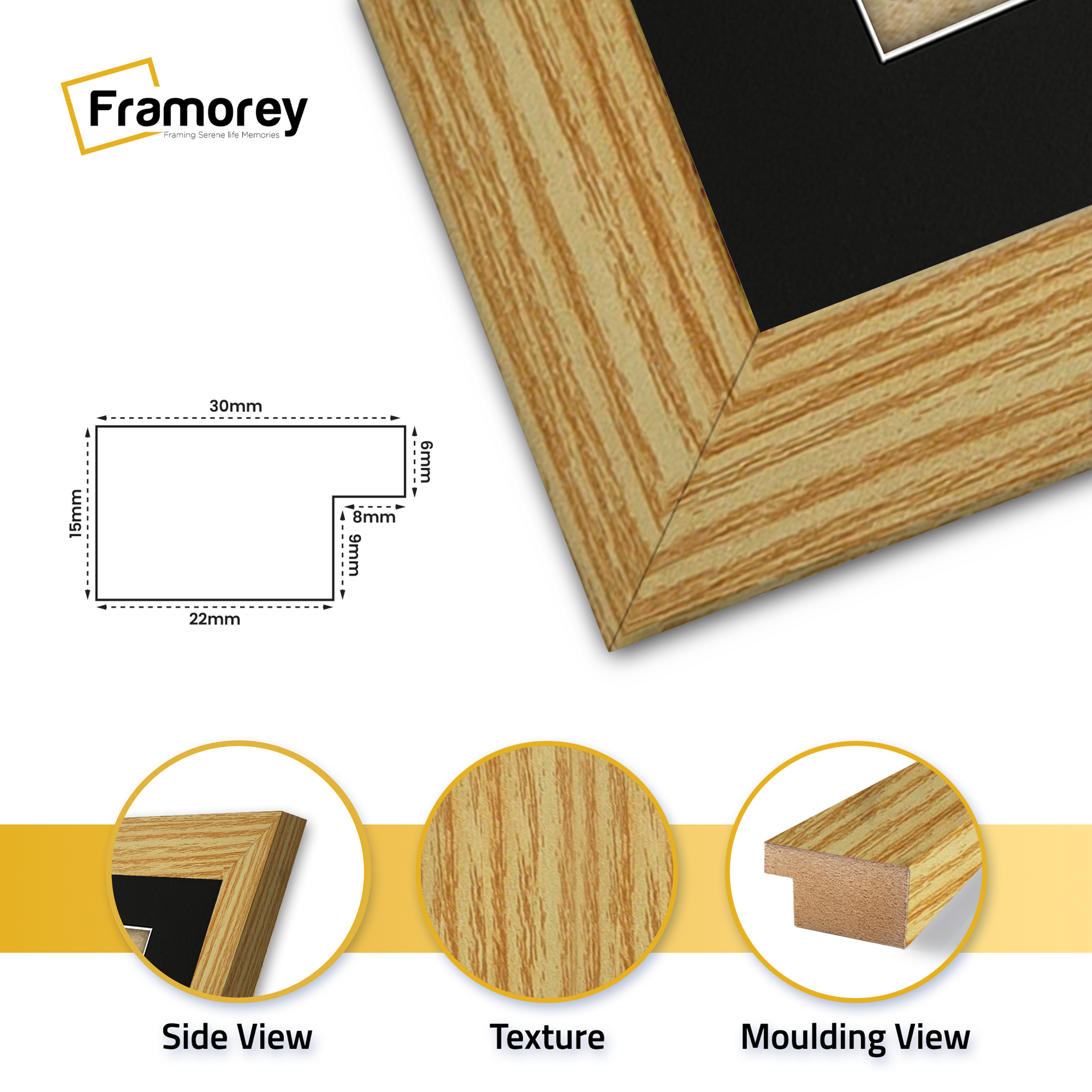 Side view of a Pine Picture Frame with Black Mount with some highlights on its material.