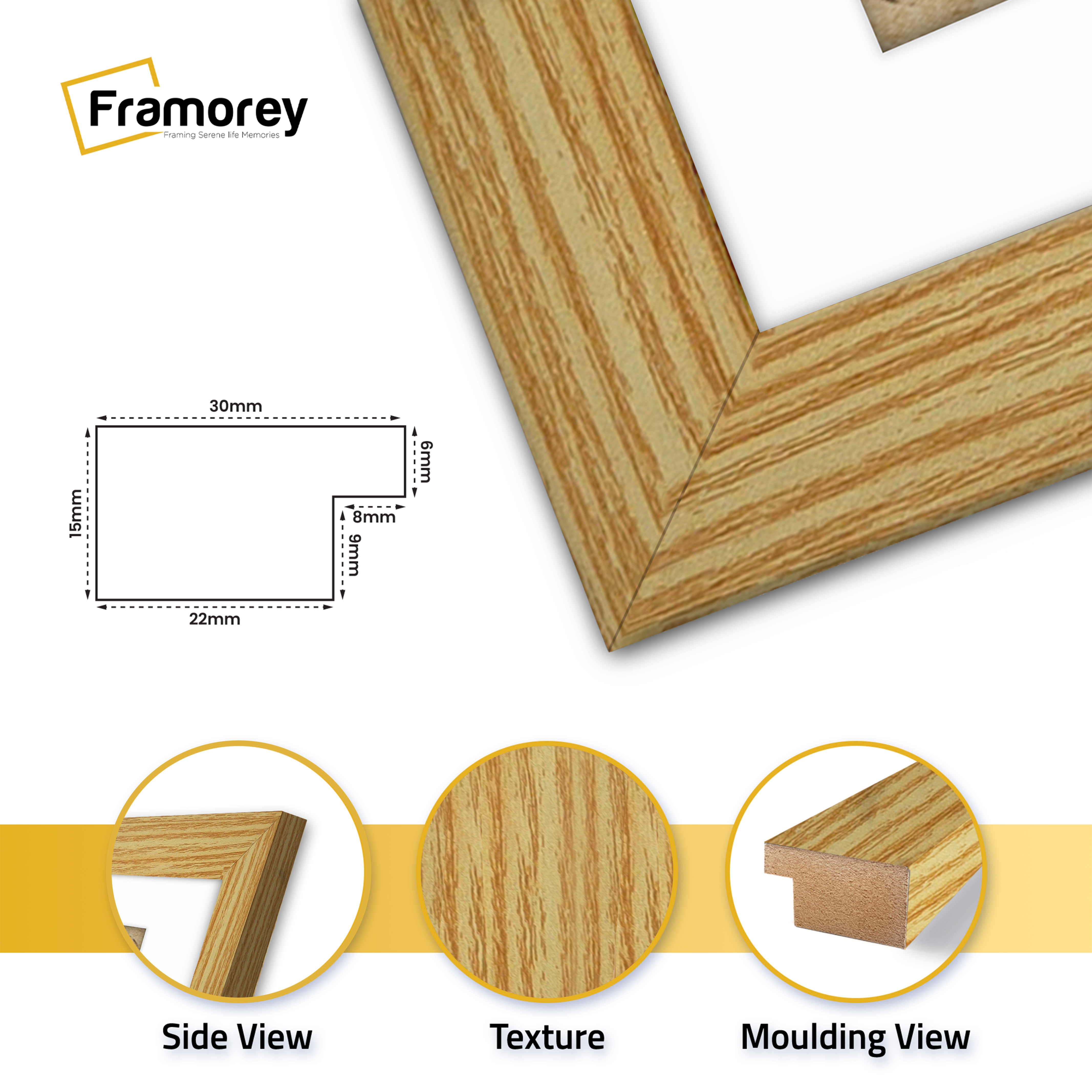 Side view f a Pine Picture Frame With White Mount with some highlights and some parts.
