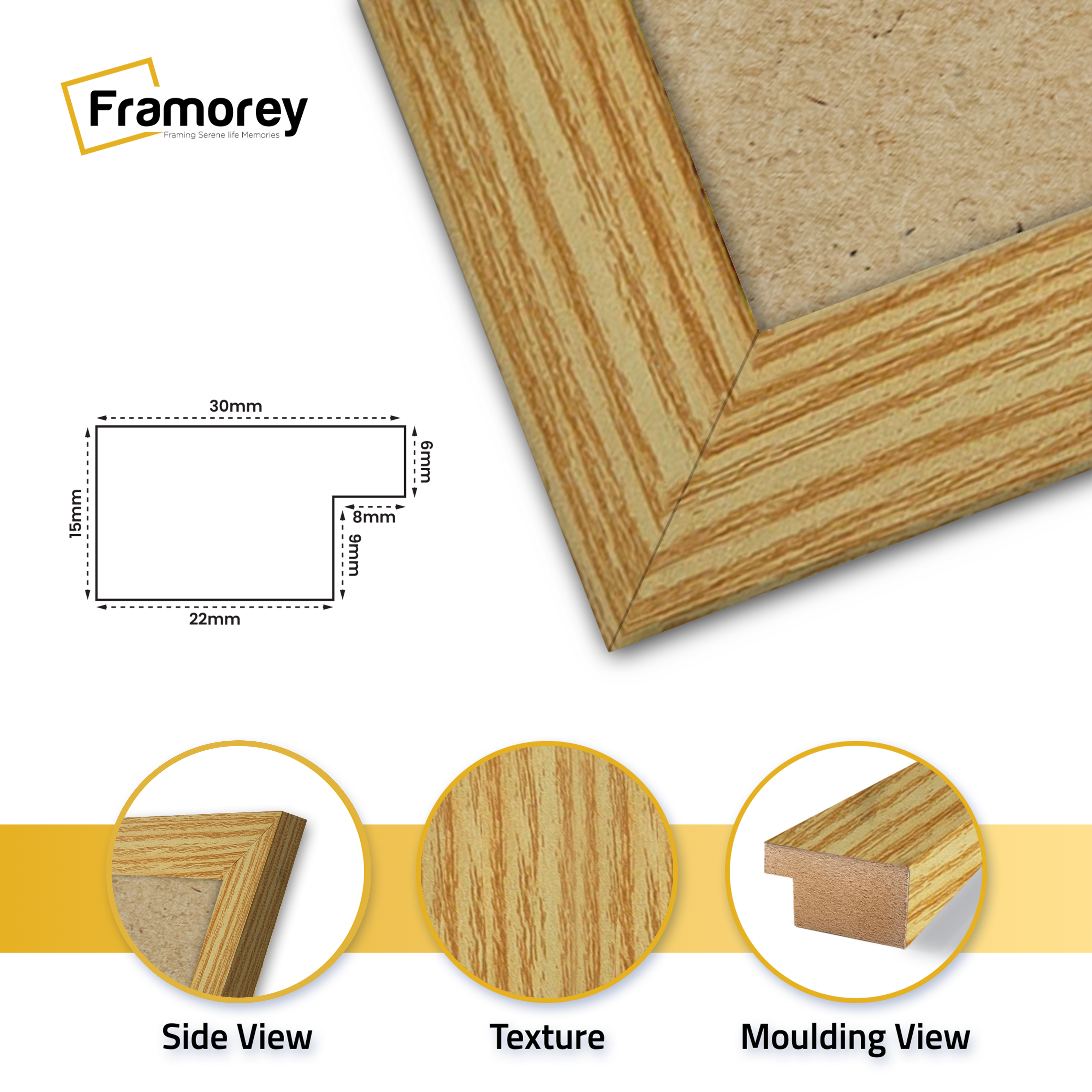 close view of pine frame featuring side view texture and molding view