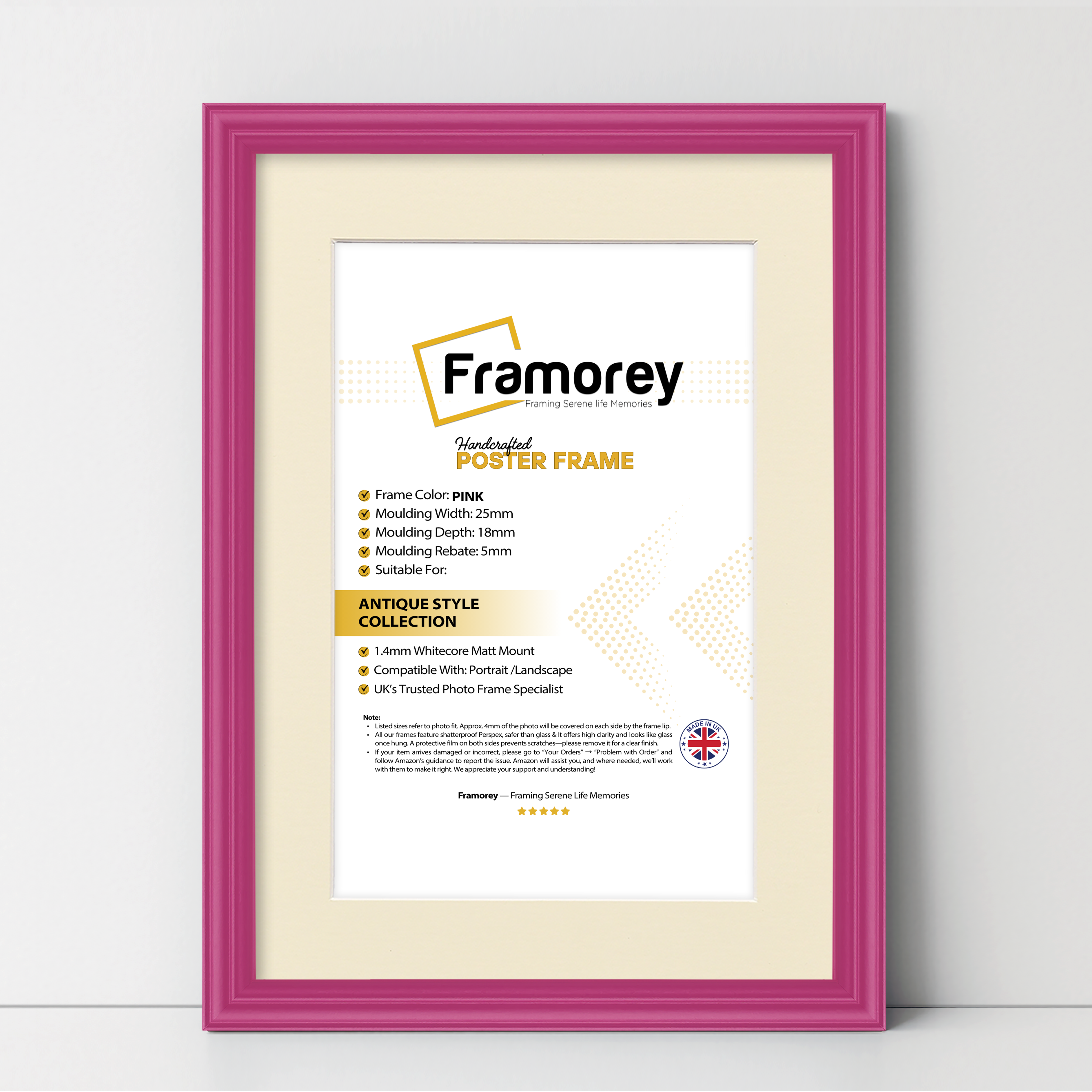 Antique Style Pink Picture Frame Wall Art Photo Frame With Ivory Mount