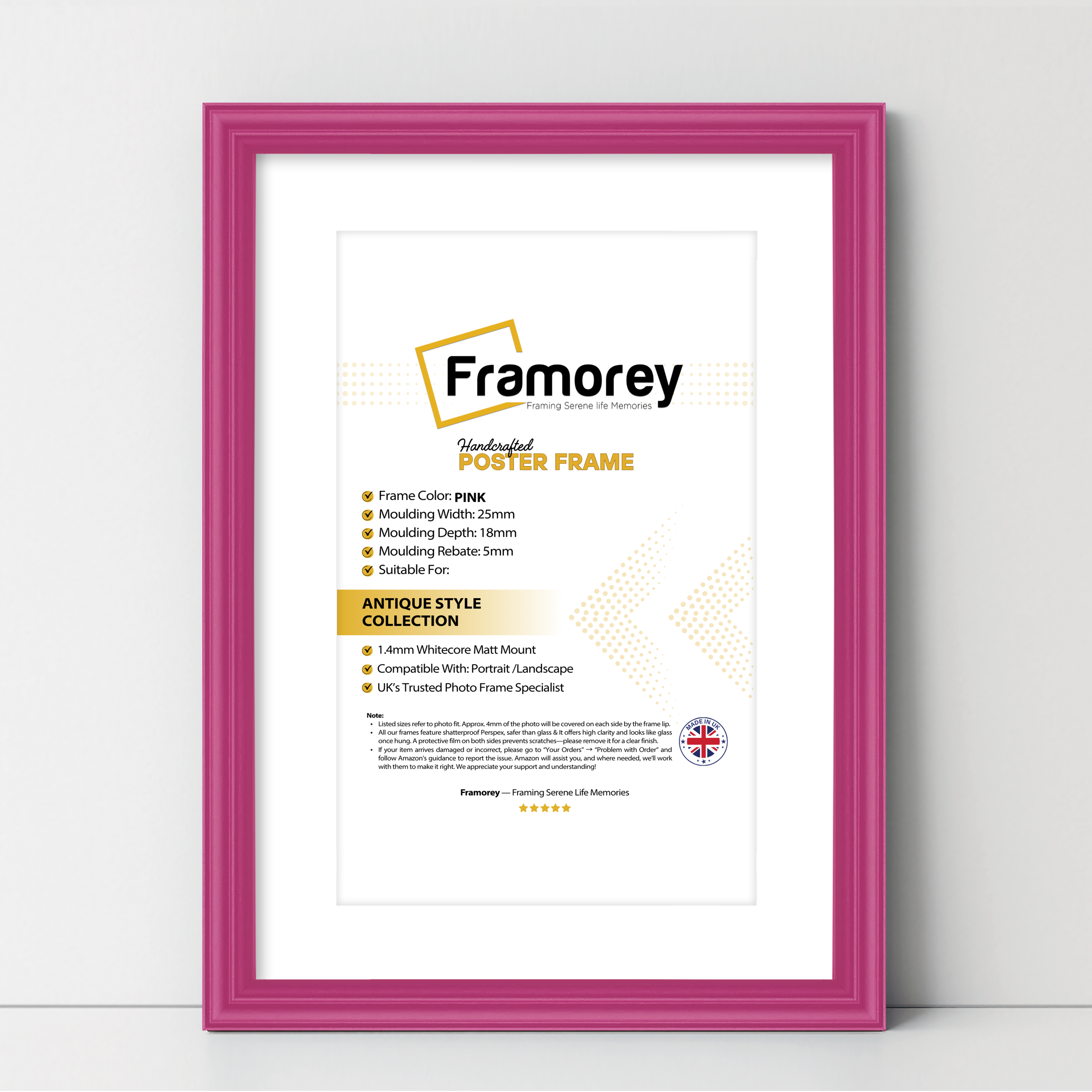 Antique Style Pink Picture Frame Wall Art Photo Frame With White Mount