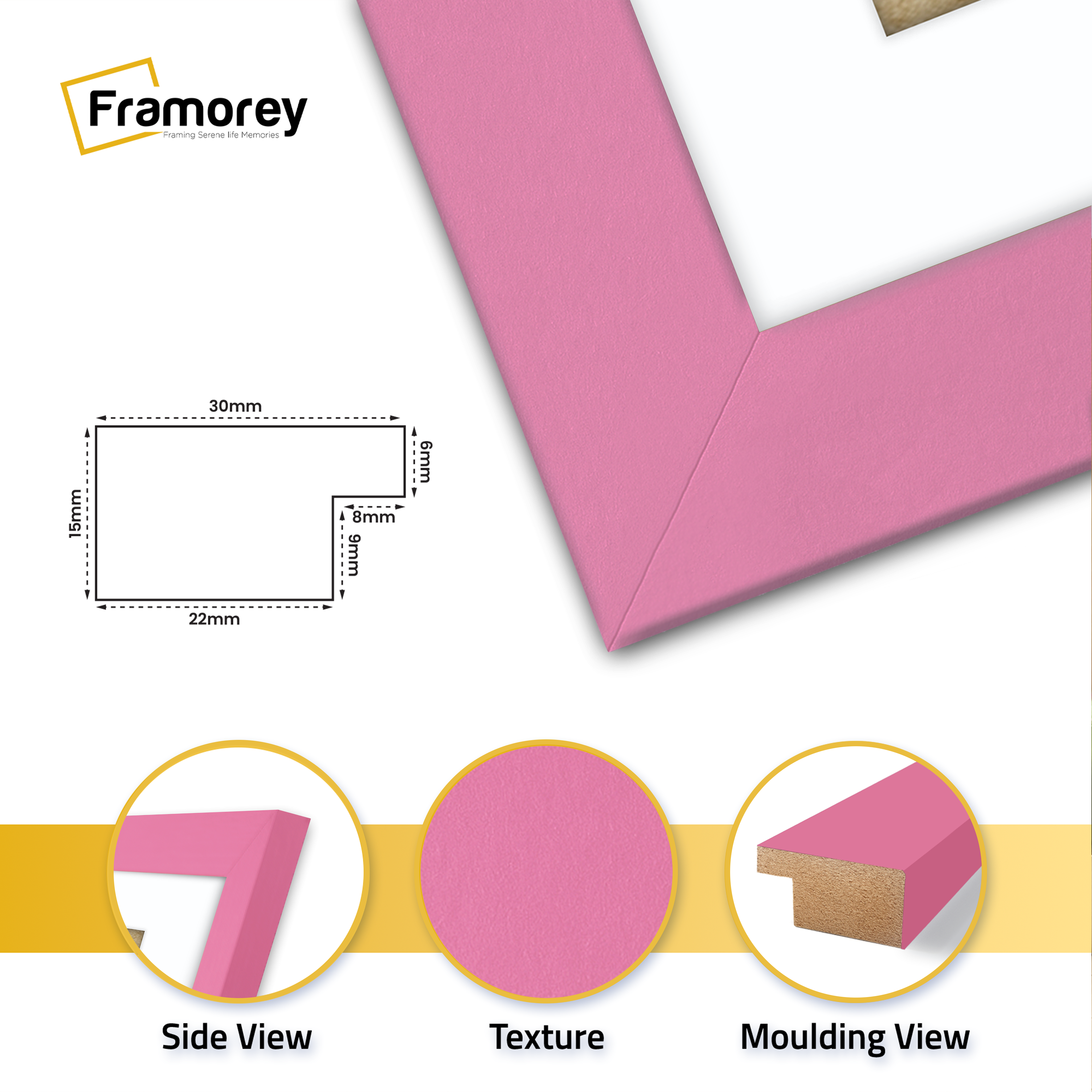 close view of pink picture frame featuring side view texture and molding view