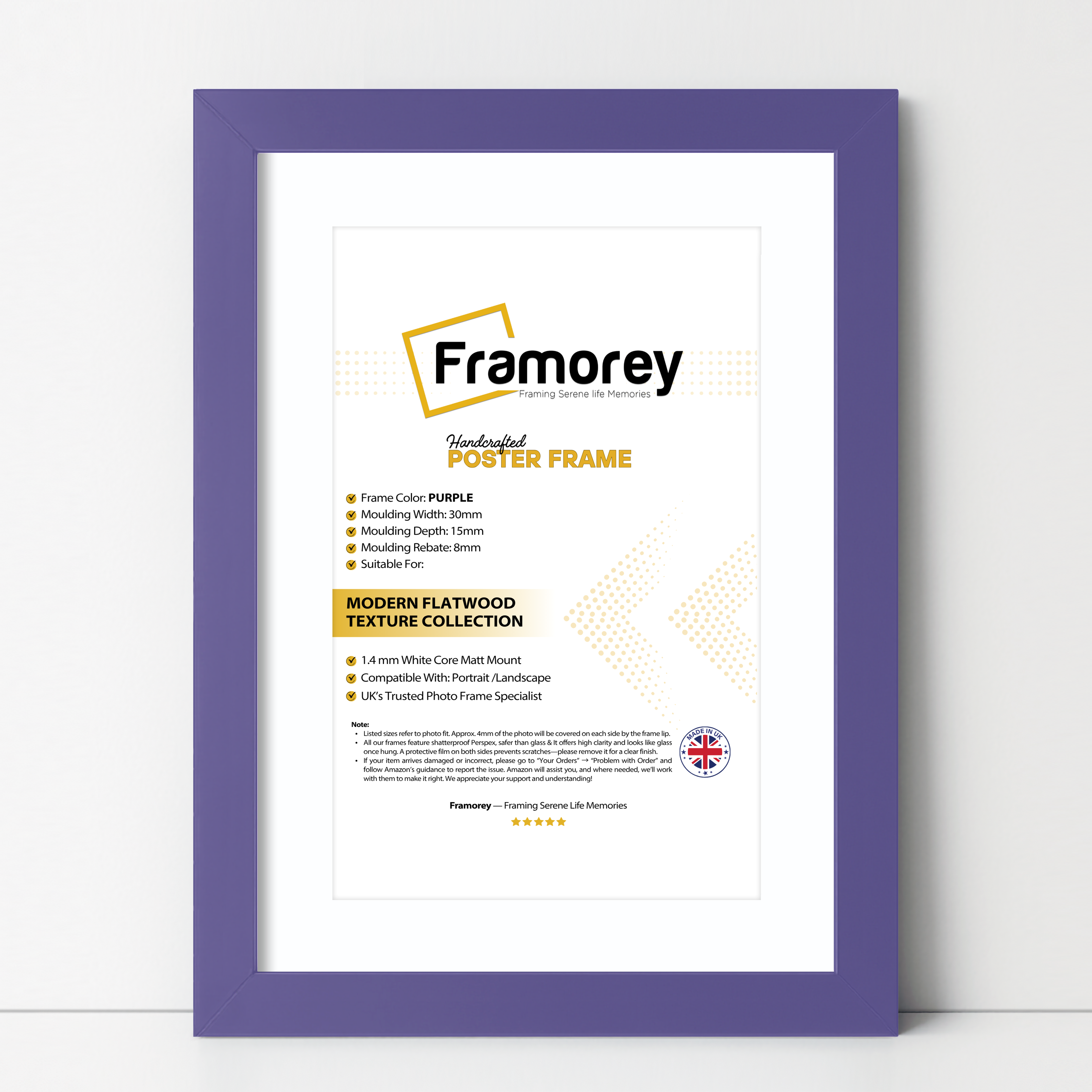 Purple Picture Frame With White Mount with some details on its left.