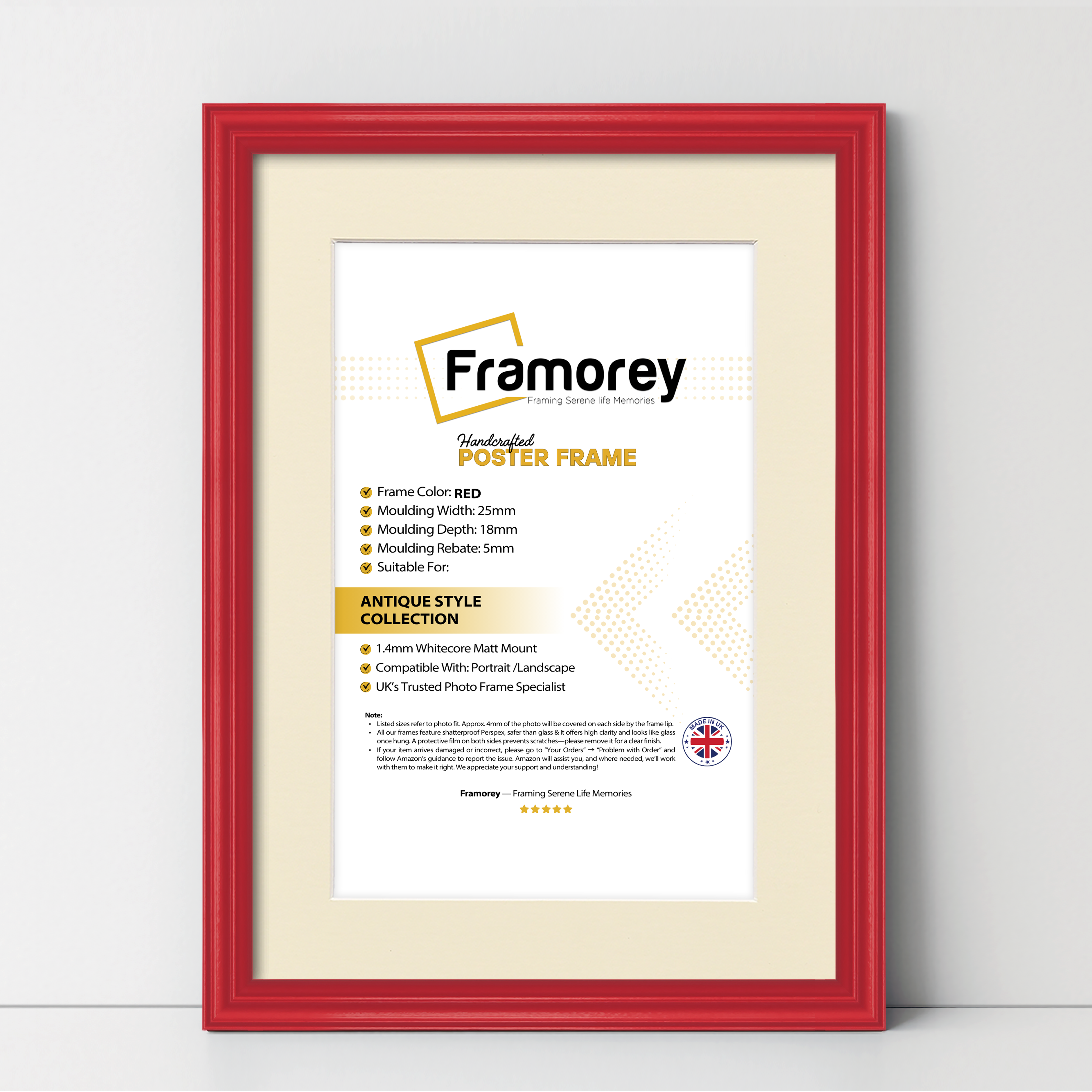 Antique Style Red Picture Frame Wall Art Photo Frame With Ivory Mount