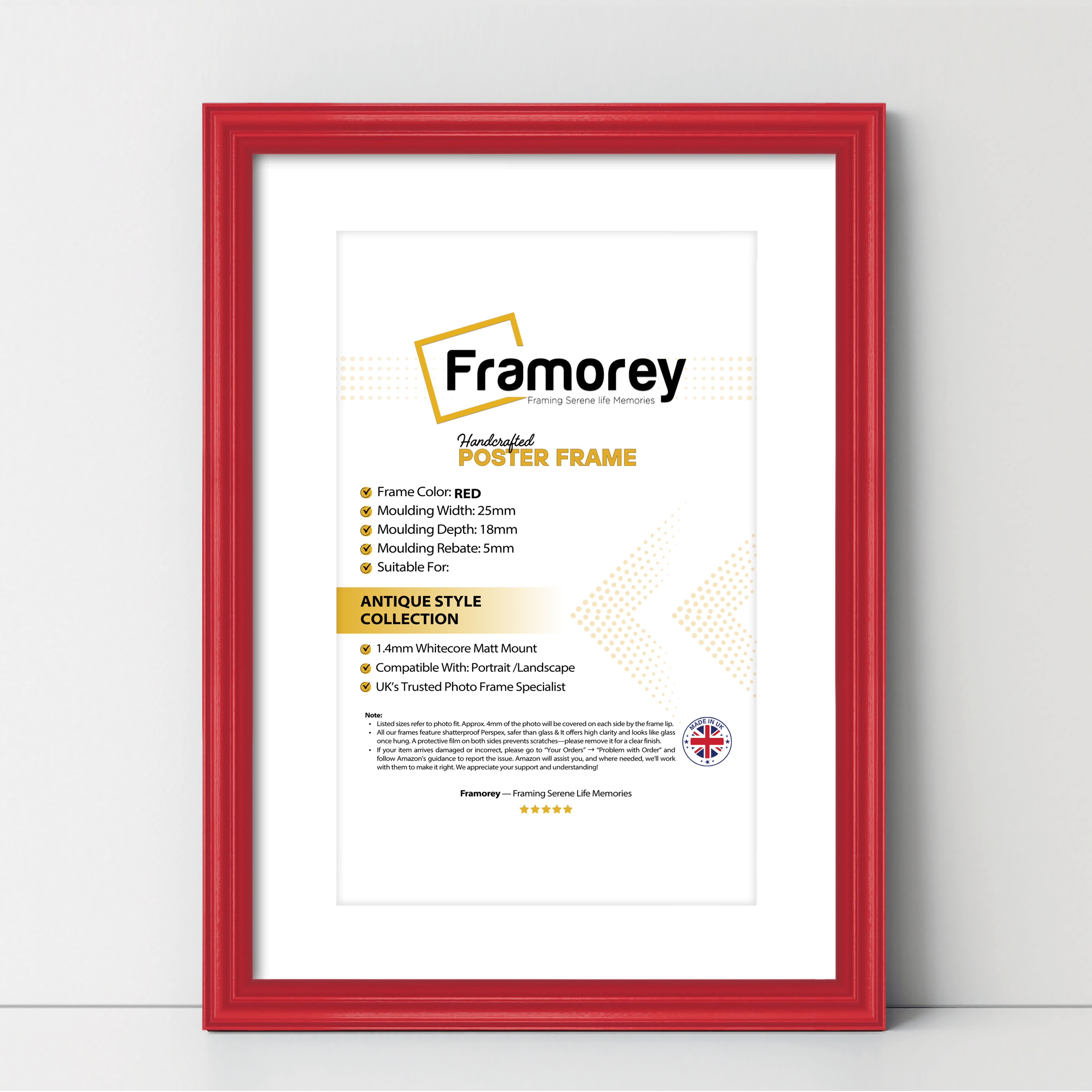 Antique Style Red Picture Frame Wall Art Photo Frame With White Mount