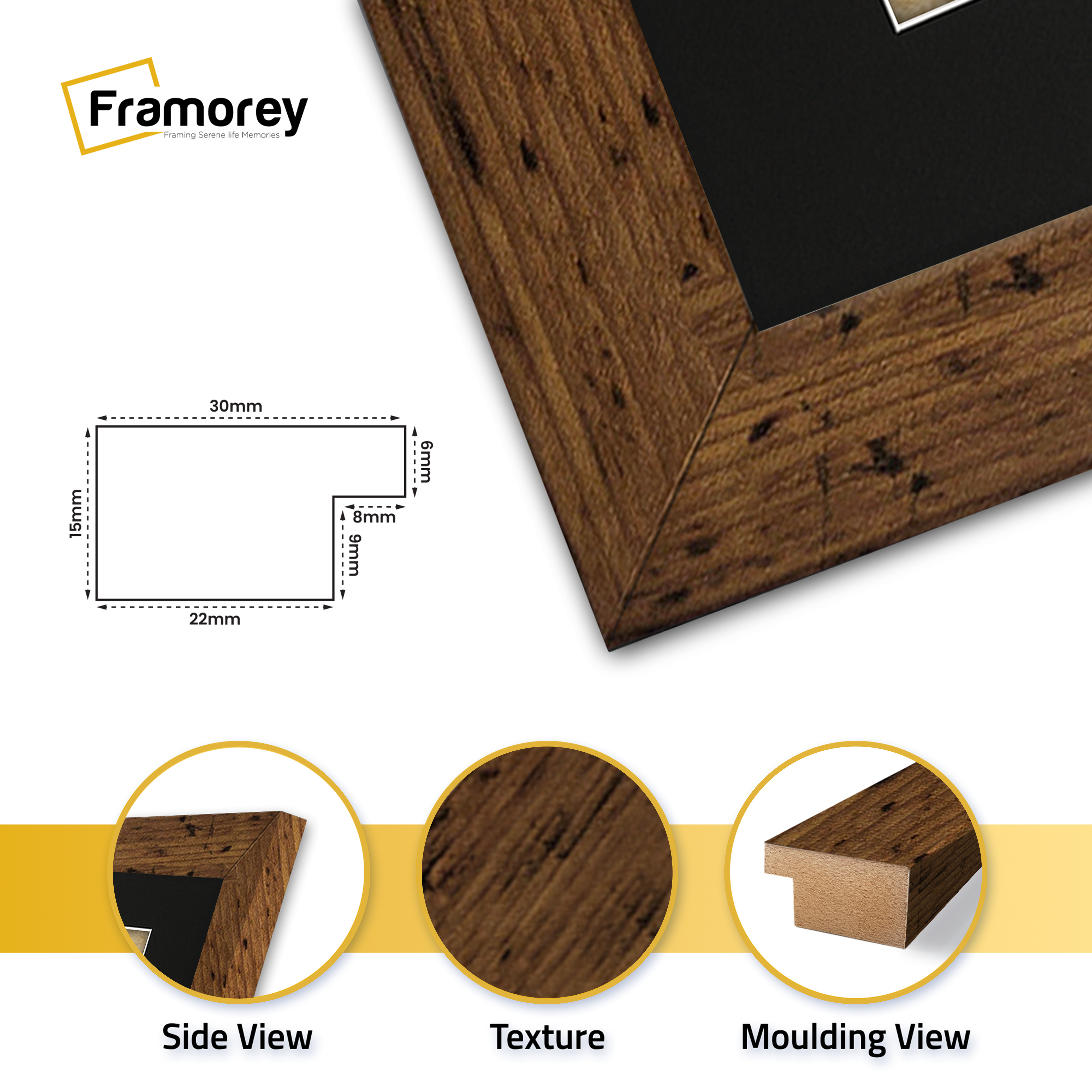 Back side view of a rectangular Rustic Oak Picture Frame With Black Mount with some detail on its separately define parts.