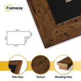 Back side view of a rectangular Rustic Oak Picture Frame With Black Mount with some detail on its separately define parts.