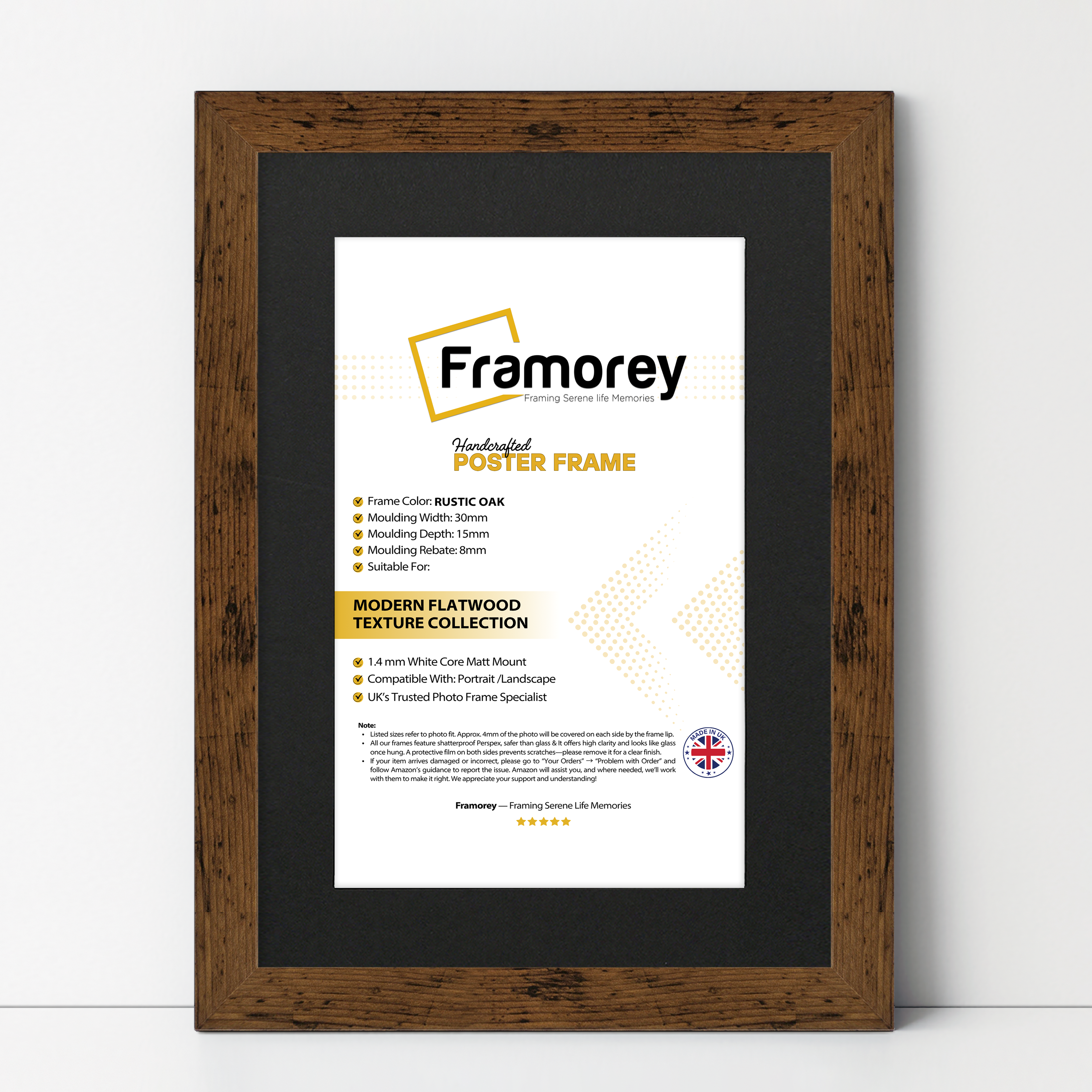 Rustic Oak Picture Frame With Black Mount standing with the wall on a wooden floor with some detail on its measurement.