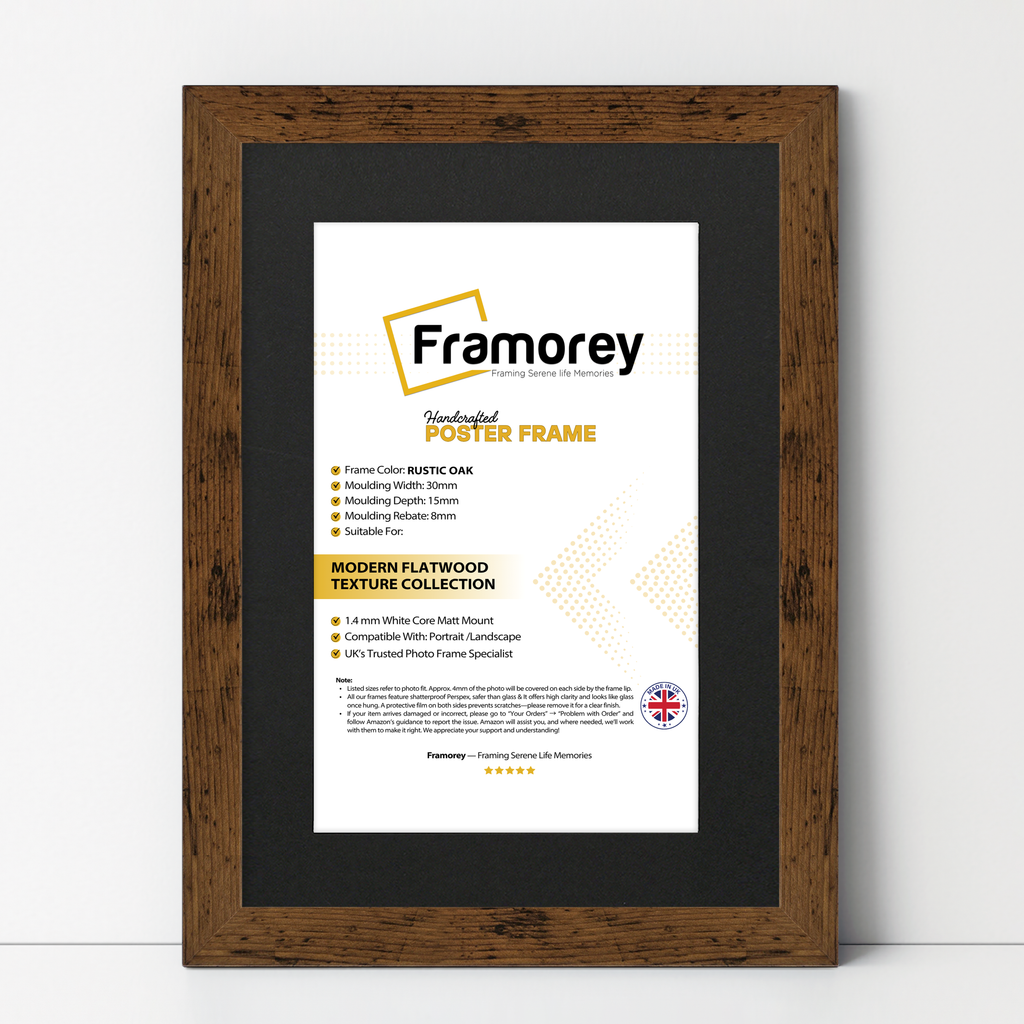 Rustic Oak Picture Frame With Black Mount standing with the wall on a wooden floor with some detail on its measurement.