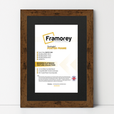 Rustic Oak Picture Frame With Black Mount standing with the wall on a wooden floor with some detail on its measurement.