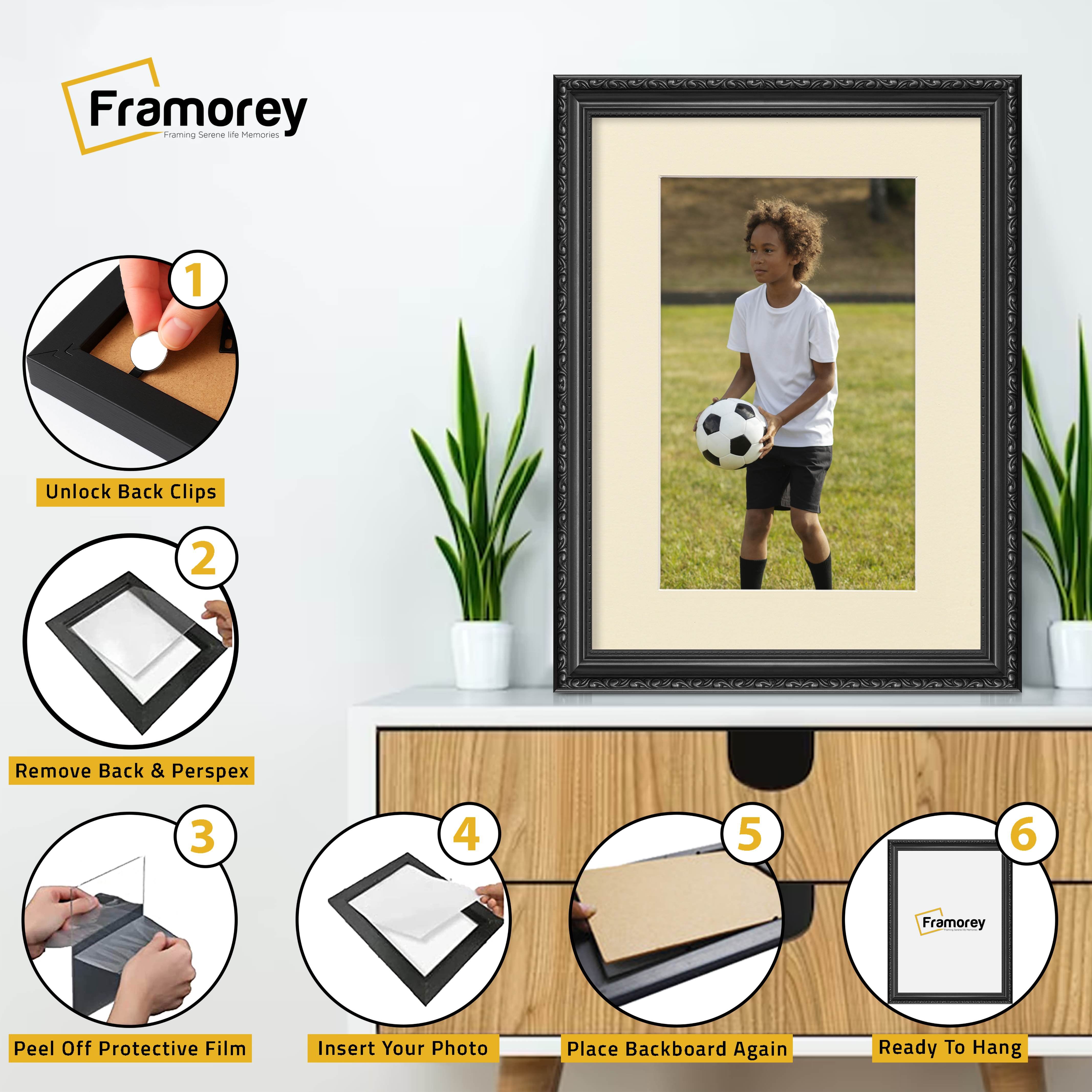 Shabby black picture frame with ivory mount installation guide with size and hanging instructions