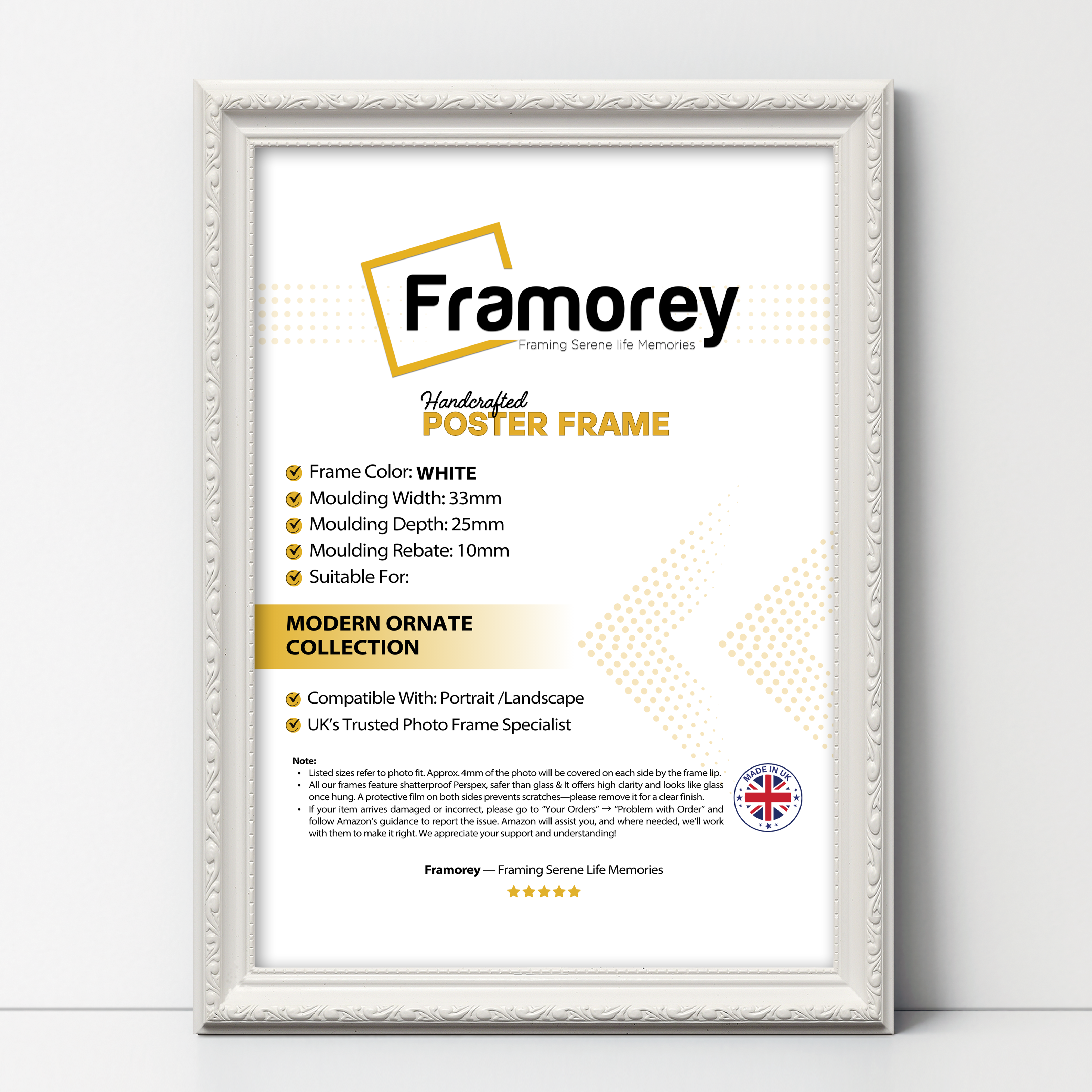 Front view of a shabby chic white picture frame showing decorative moulding and finish