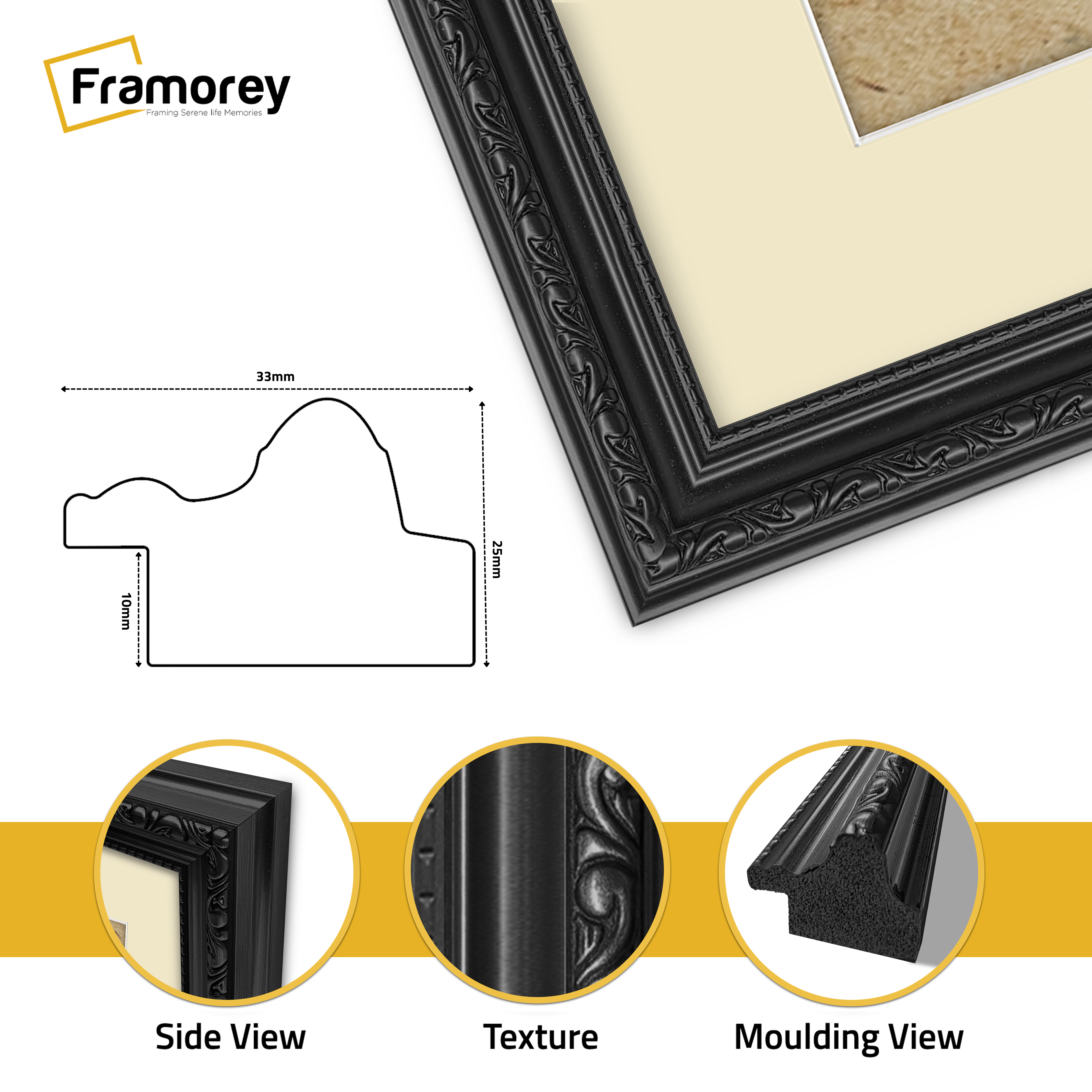 Close‑up view of a shabby chic black picture frame with ivory mount showing detailed texture and molding finish
