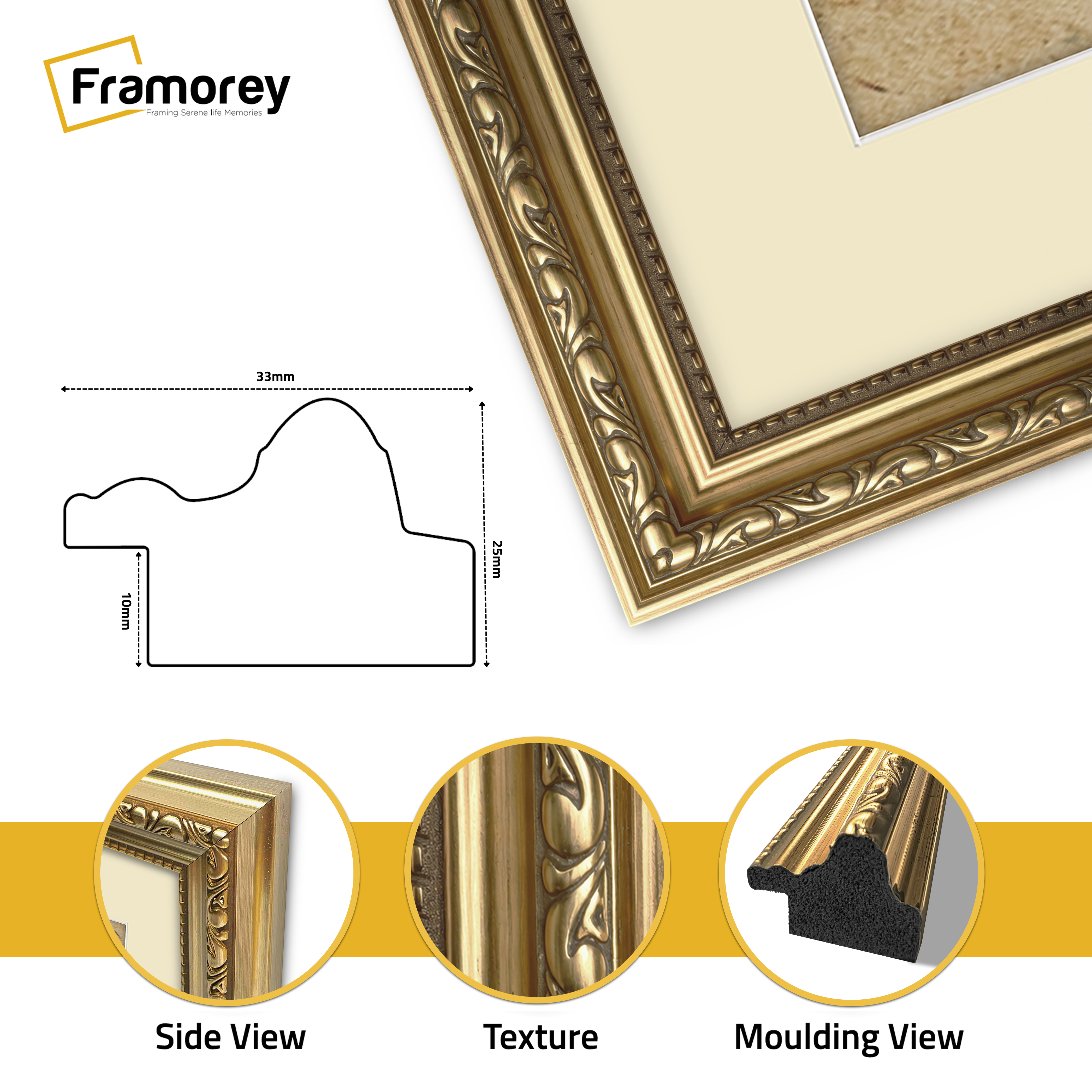 Gold Shabby Ornate Picture Frame Wall Art Photo Frames With Ivory Mount