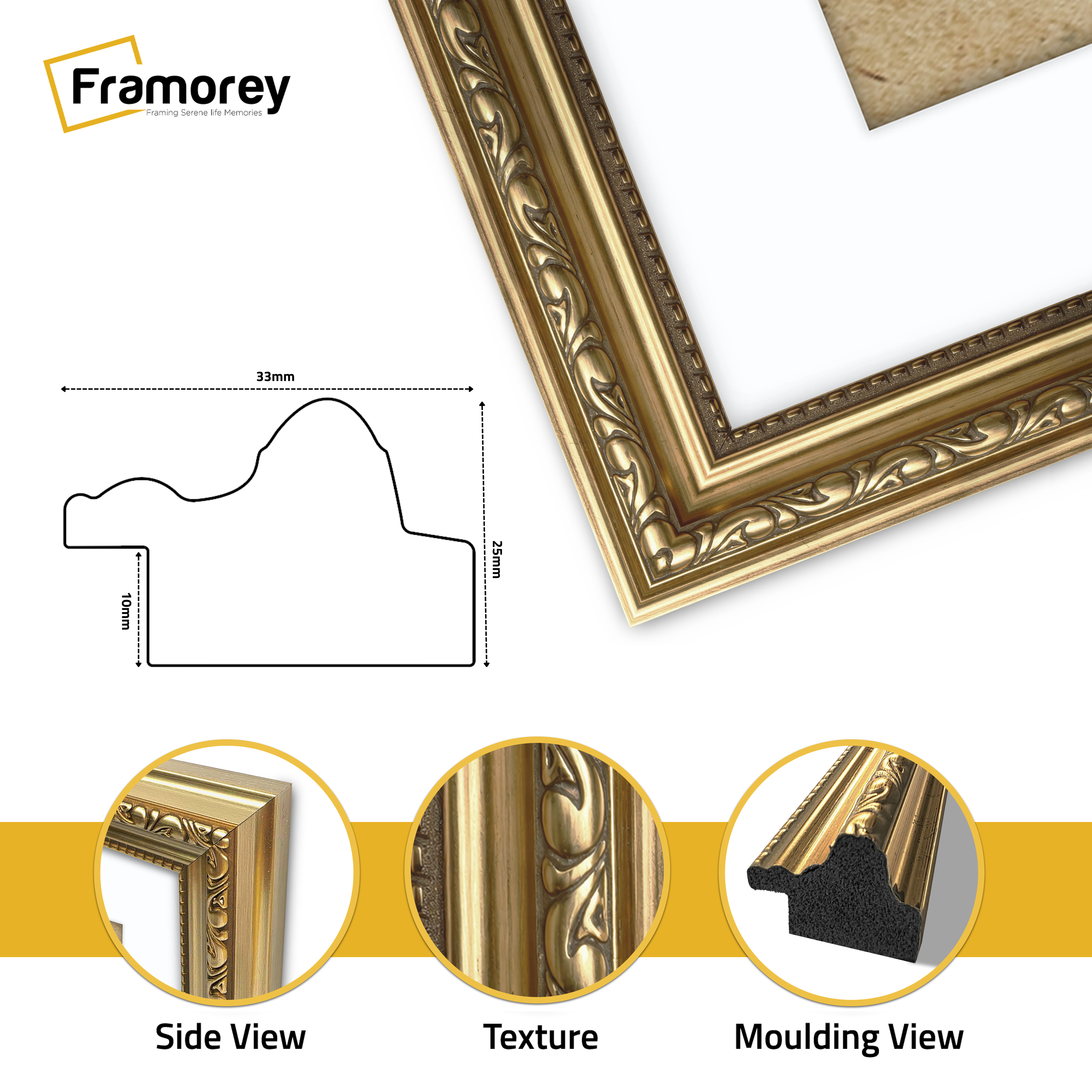 Gold Shabby Ornate Picture Frame Wall Art Photo Frames With White Mount